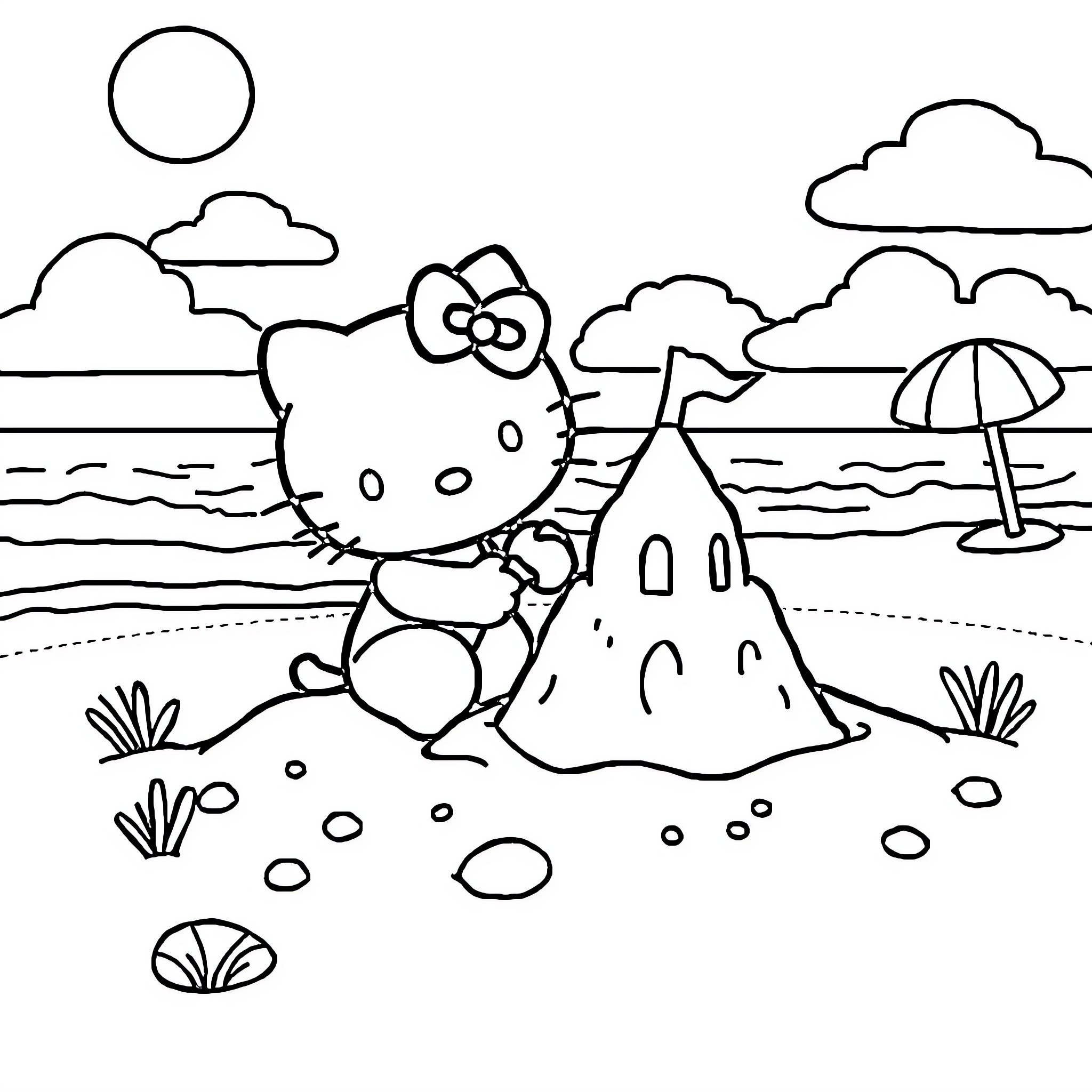Hello Kitty enjoying a day at the beach Coloring Page (free black-and-white line drawing printable PDF for all, from beginners to advanced learners, including children, teens, adults, and seniors)