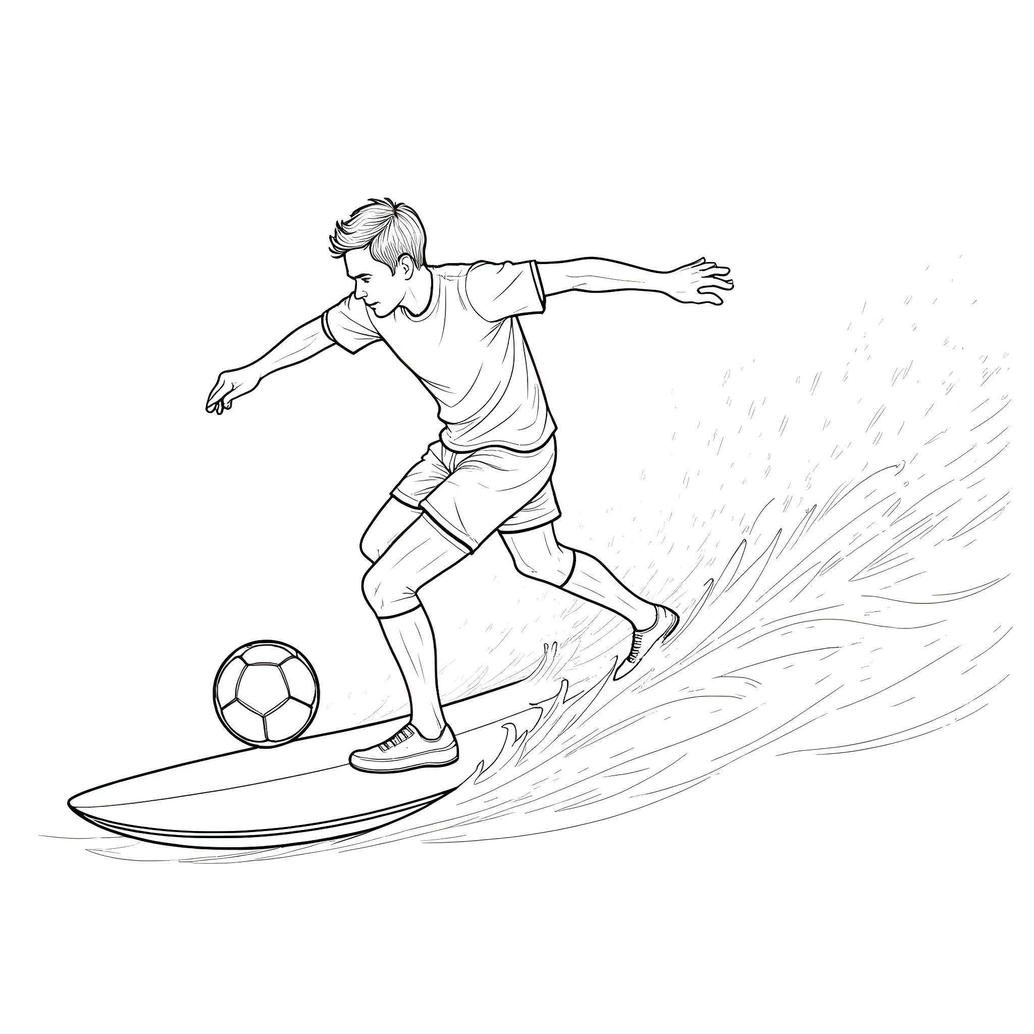 Soccer Player Surfing on the Field Coloring Page (free black-and-white line drawing printable PDF for all, from beginners to advanced learners, including children, teens, adults, and seniors)