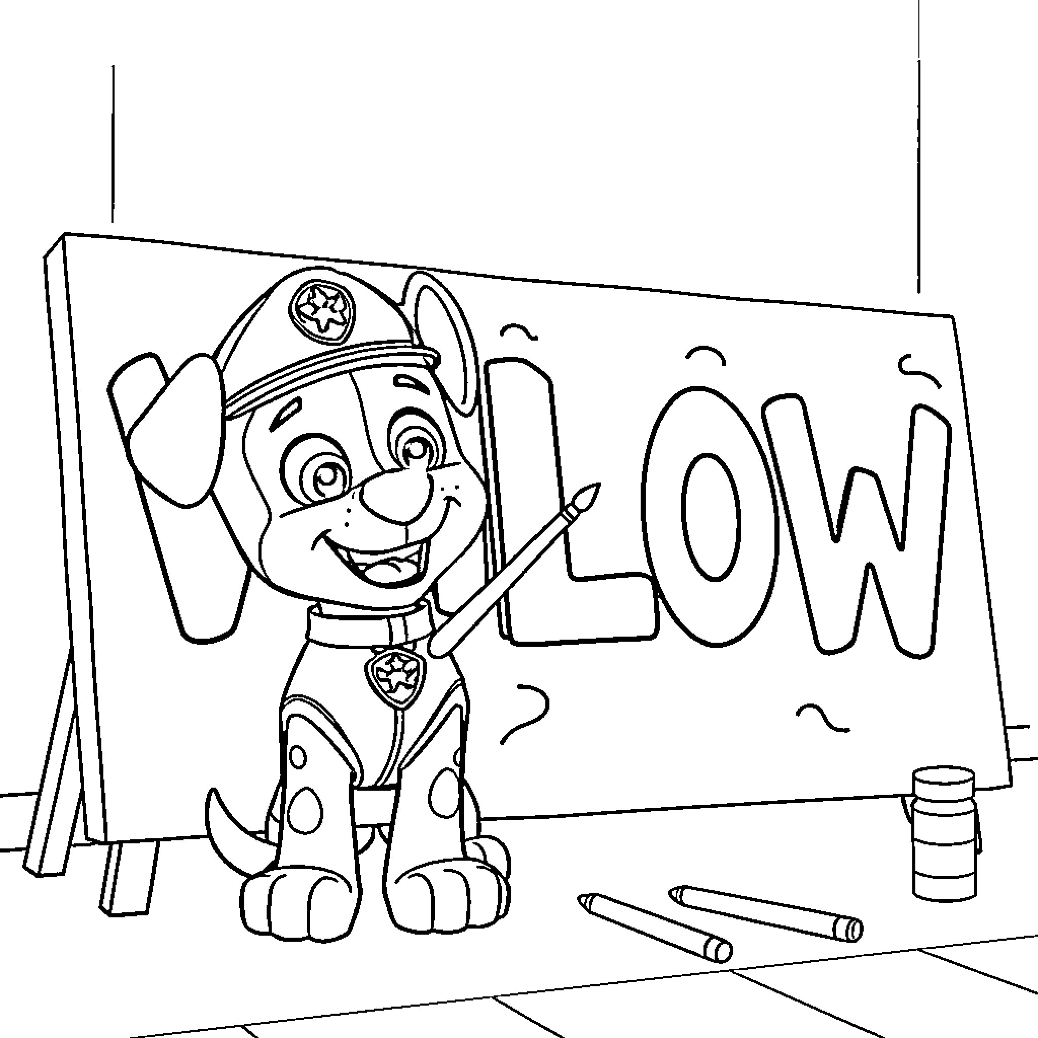 Marshall from Paw Patrol drawing a coloring page Coloring Page (free black-and-white line drawing printable PDF for all, from beginners to advanced learners, including children, teens, adults, and seniors)