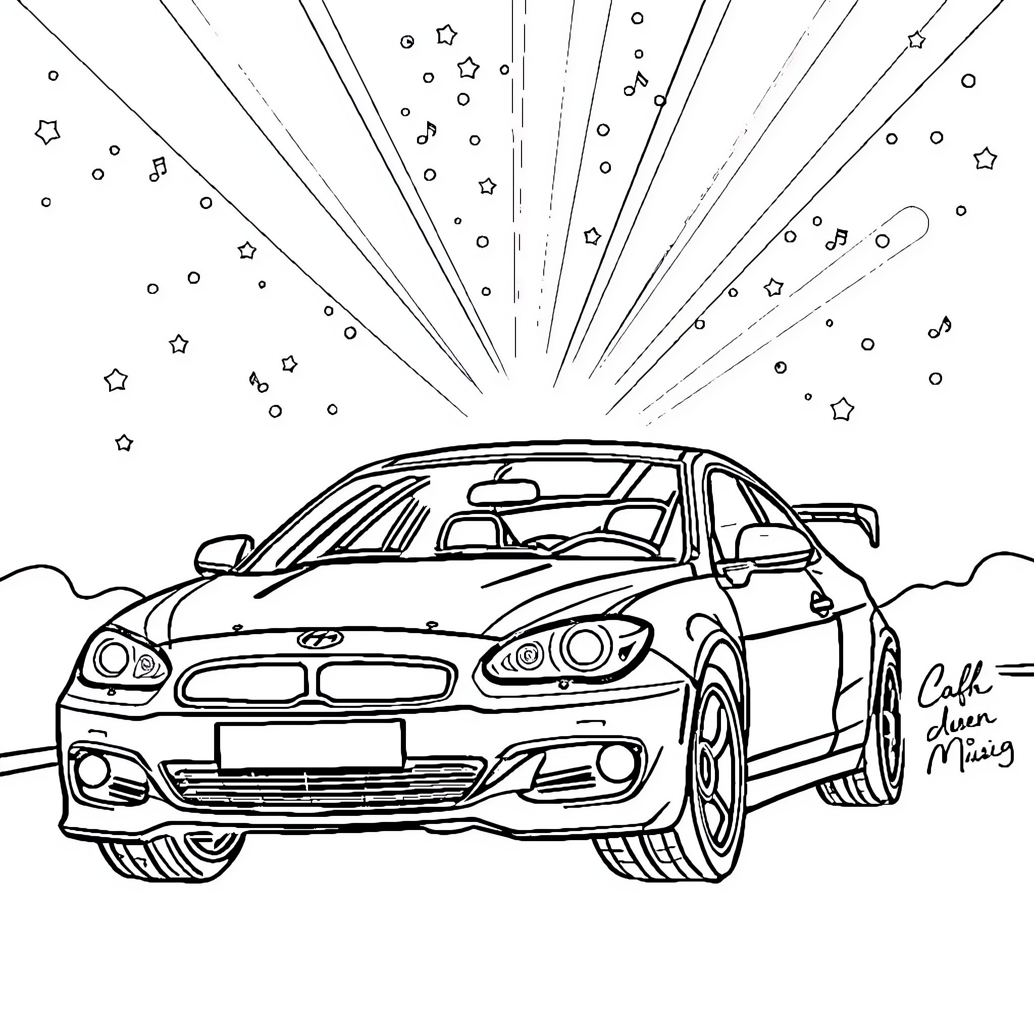 Dancing Car with Sparkling Stars Coloring Page (free black-and-white line drawing printable PDF for all, from beginners to advanced learners, including children, teens, adults, and seniors)