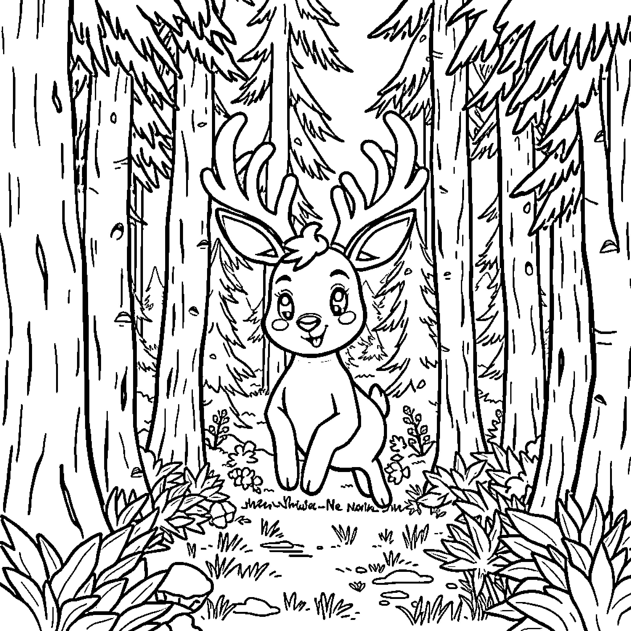 Jackalope exploring the enchanted forest Coloring Page (free black-and-white line drawing printable PDF for all, from beginners to advanced learners, including children, teens, adults, and seniors)