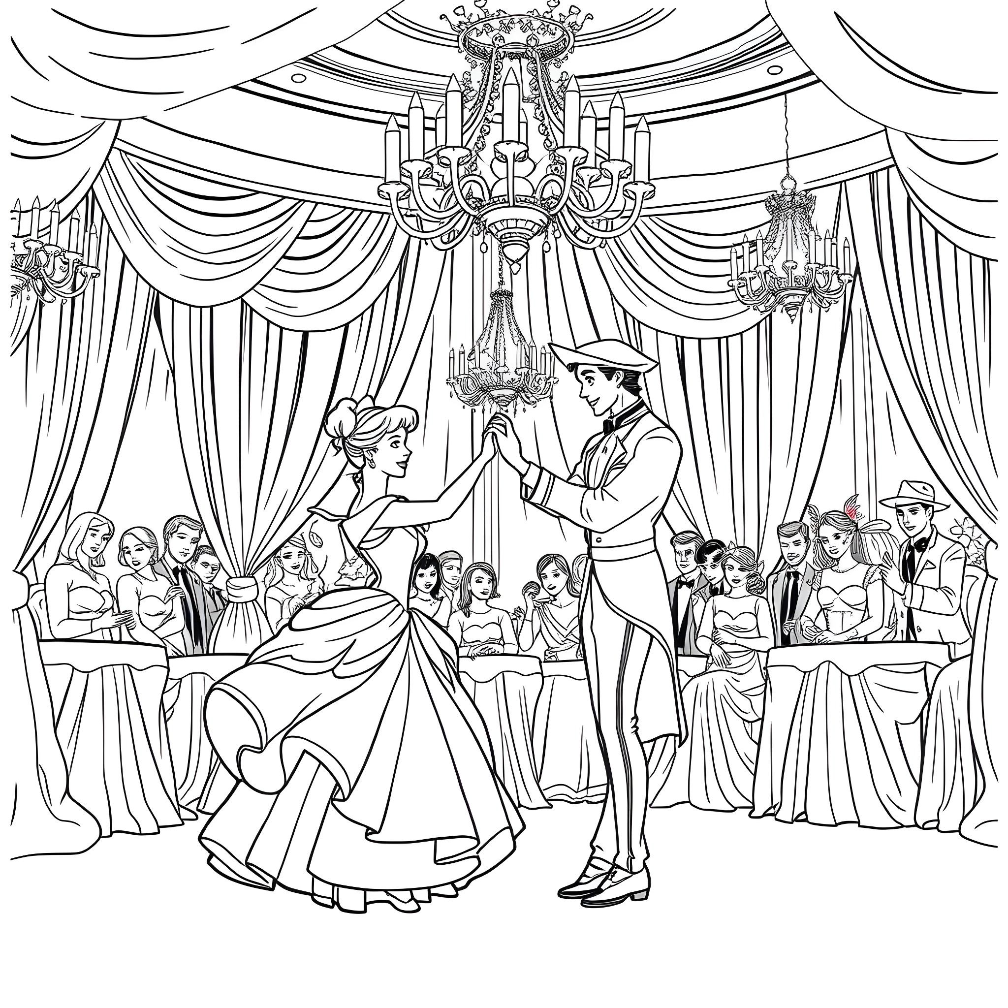 Cinderella's Enchanting Ballroom Dance Coloring Page (free black-and-white line drawing printable PDF for all, from beginners to advanced learners, including children, teens, adults, and seniors)