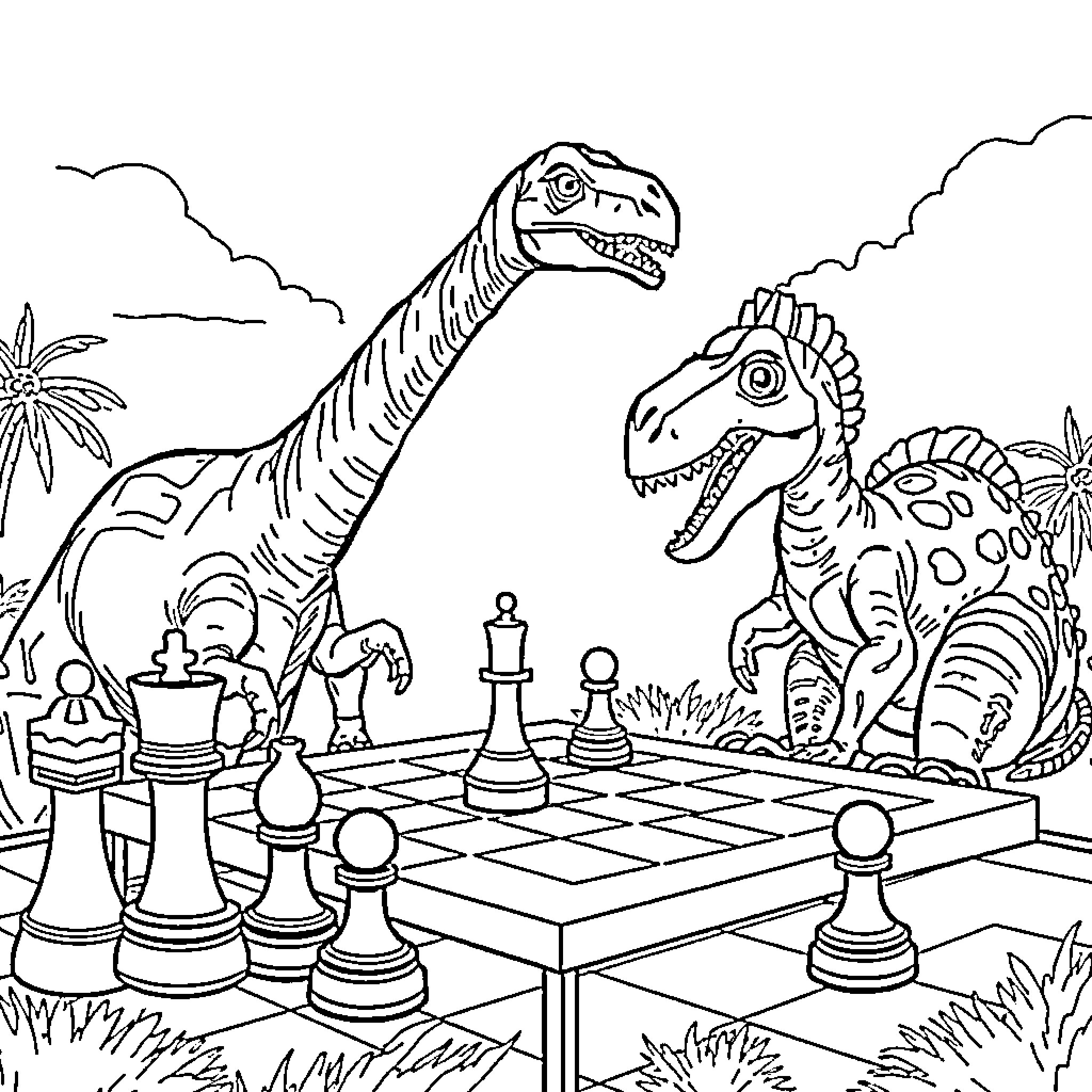 Dinosaurs engaged in a chess game amidst tropical scenery Coloring Page (free black-and-white line drawing printable PDF for all, from beginners to advanced learners, including children, teens, adults, and seniors)