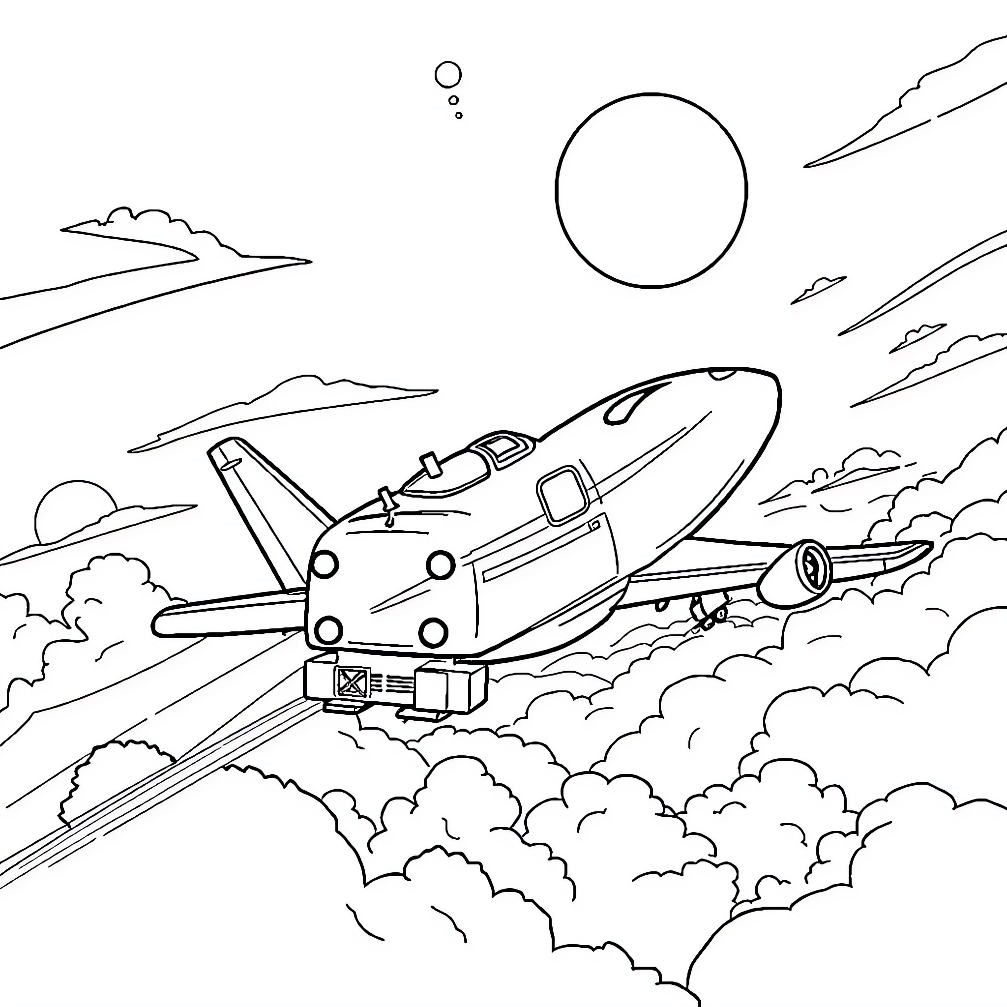 Avión sobrevolando nubes en el cielo Coloring Page (free black-and-white line drawing printable PDF for all, from beginners to advanced learners, including children, teens, adults, and seniors)