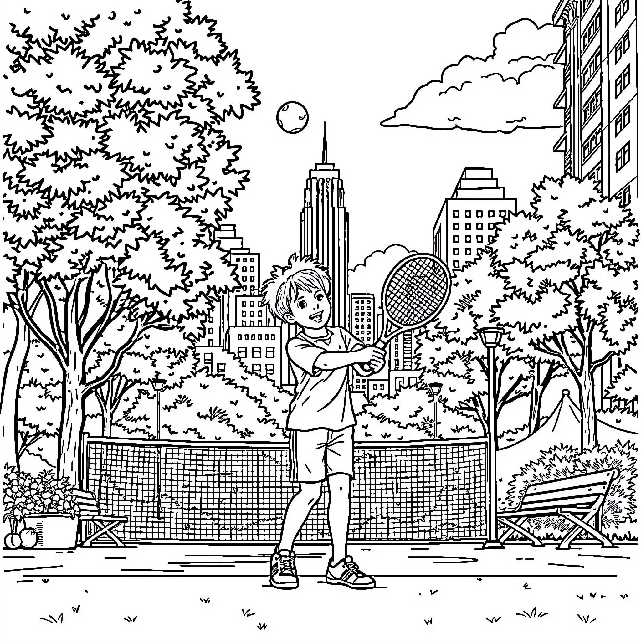 Boy playing tennis in a city park Coloring Page (free black-and-white line drawing printable PDF for all, from beginners to advanced learners, including children, teens, adults, and seniors)