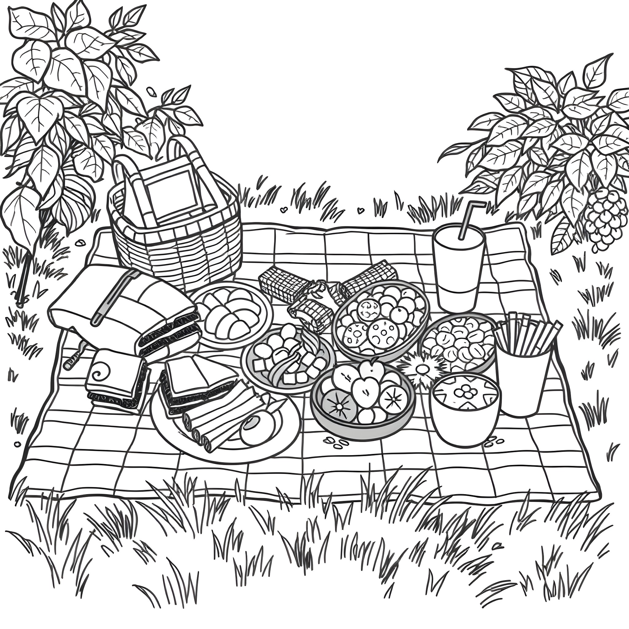 Picnic Food with Variety of Dishes on Checkered Blanket Coloring Page (free black-and-white line drawing printable PDF for all, from beginners to advanced learners, including children, teens, adults, and seniors)