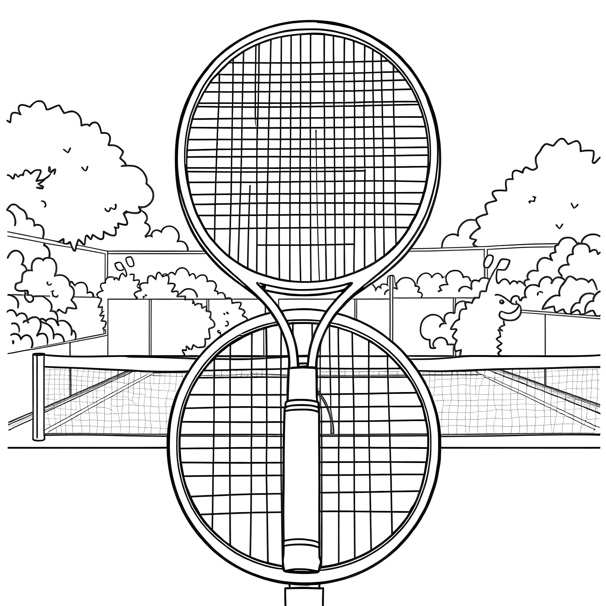 Tennis Rackets on the Tennis Court Coloring Page (free black-and-white line drawing printable PDF for all, from beginners to advanced learners, including children, teens, adults, and seniors)