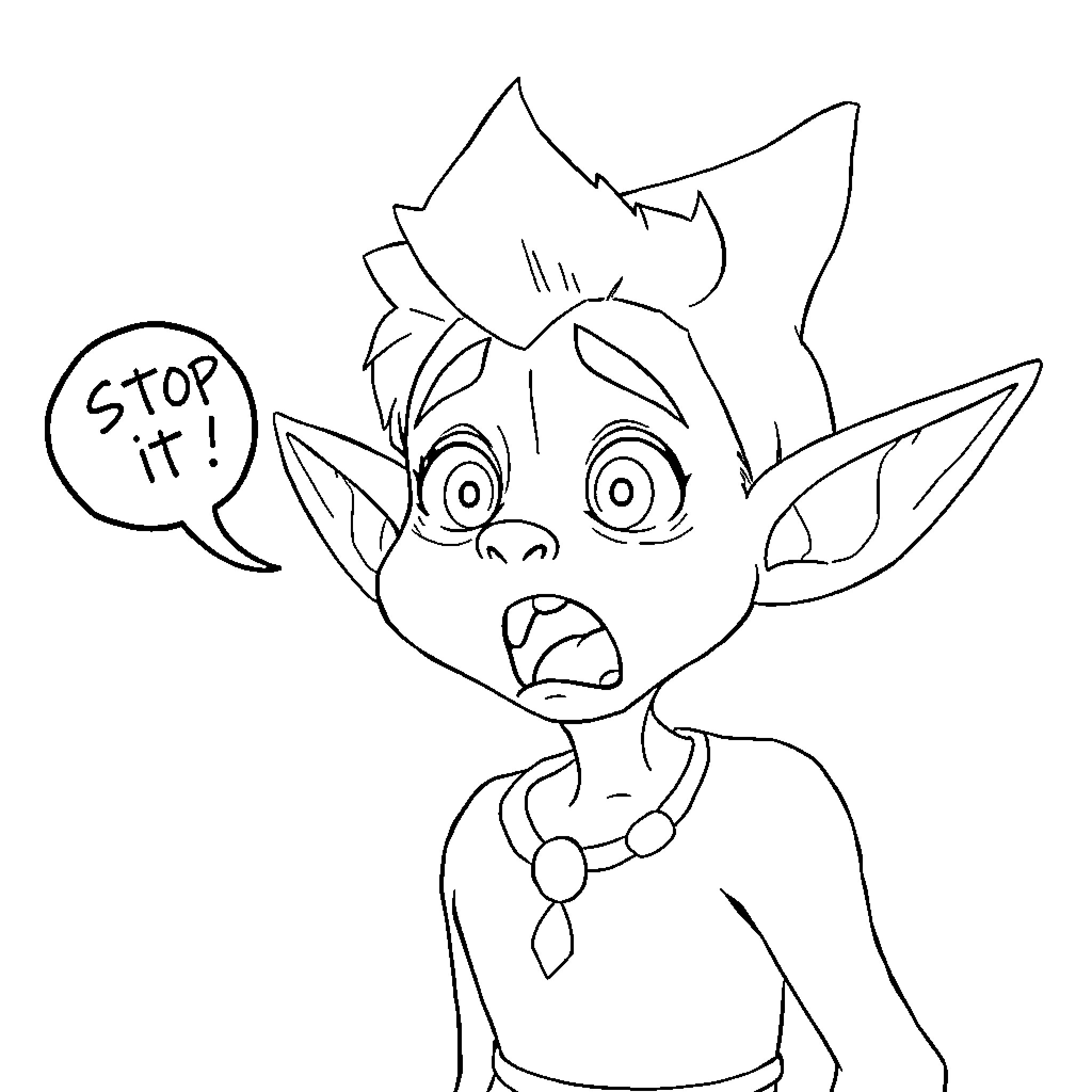 Elfo making an exclamatory gesture Coloring Page (free black-and-white line drawing printable PDF for all, from beginners to advanced learners, including children, teens, adults, and seniors)