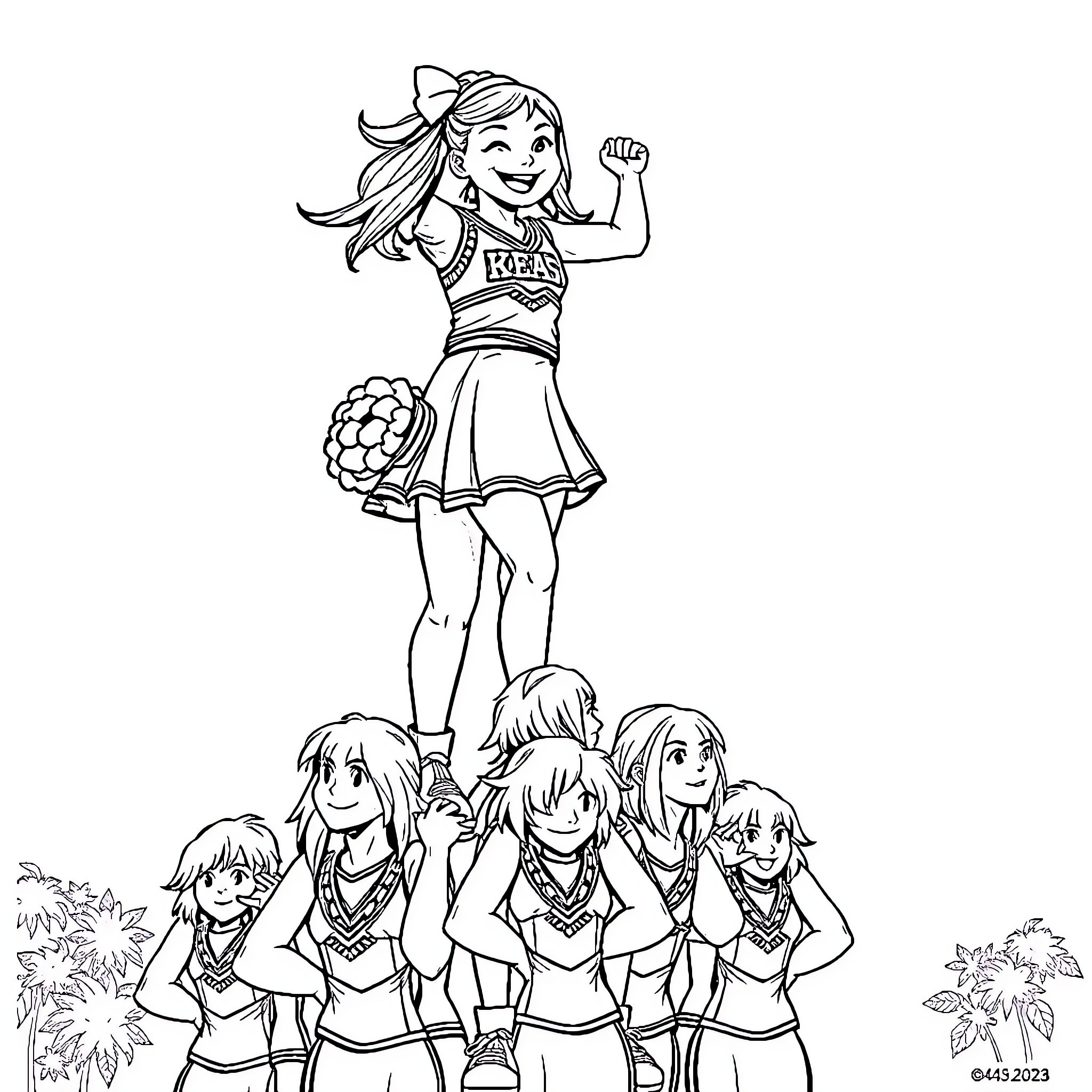 Cheerleader leading energetic team performance Coloring Page (free black-and-white line drawing printable PDF for all, from beginners to advanced learners, including children, teens, adults, and seniors)