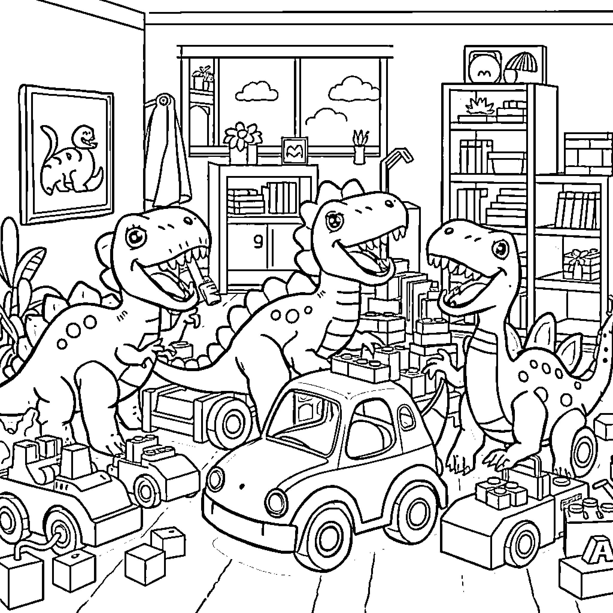 Dinosaur friends playing with toys in a cozy room Coloring Page (free black-and-white line drawing printable PDF for all, from beginners to advanced learners, including children, teens, adults, and seniors)