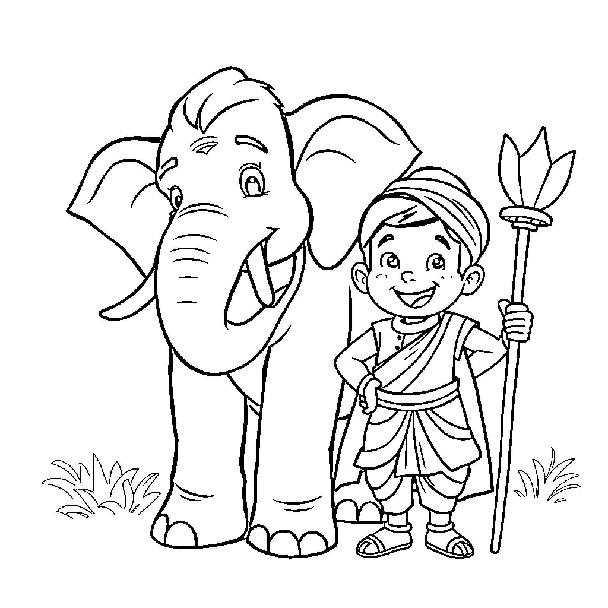 Elephant and Young Boy in Nature Coloring Page (free black-and-white line drawing printable PDF for all, from beginners to advanced learners, including children, teens, adults, and seniors)
