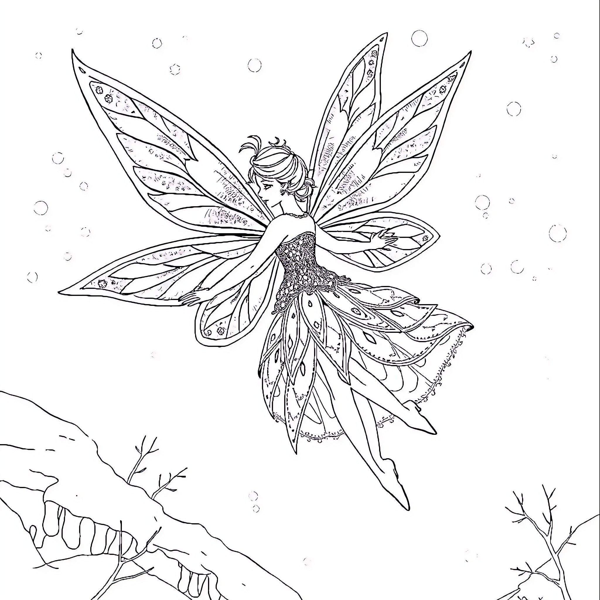 Ice Fairy in Enchanted Wintery Scene Coloring Page (free black-and-white line drawing printable PDF for all, from beginners to advanced learners, including children, teens, adults, and seniors)