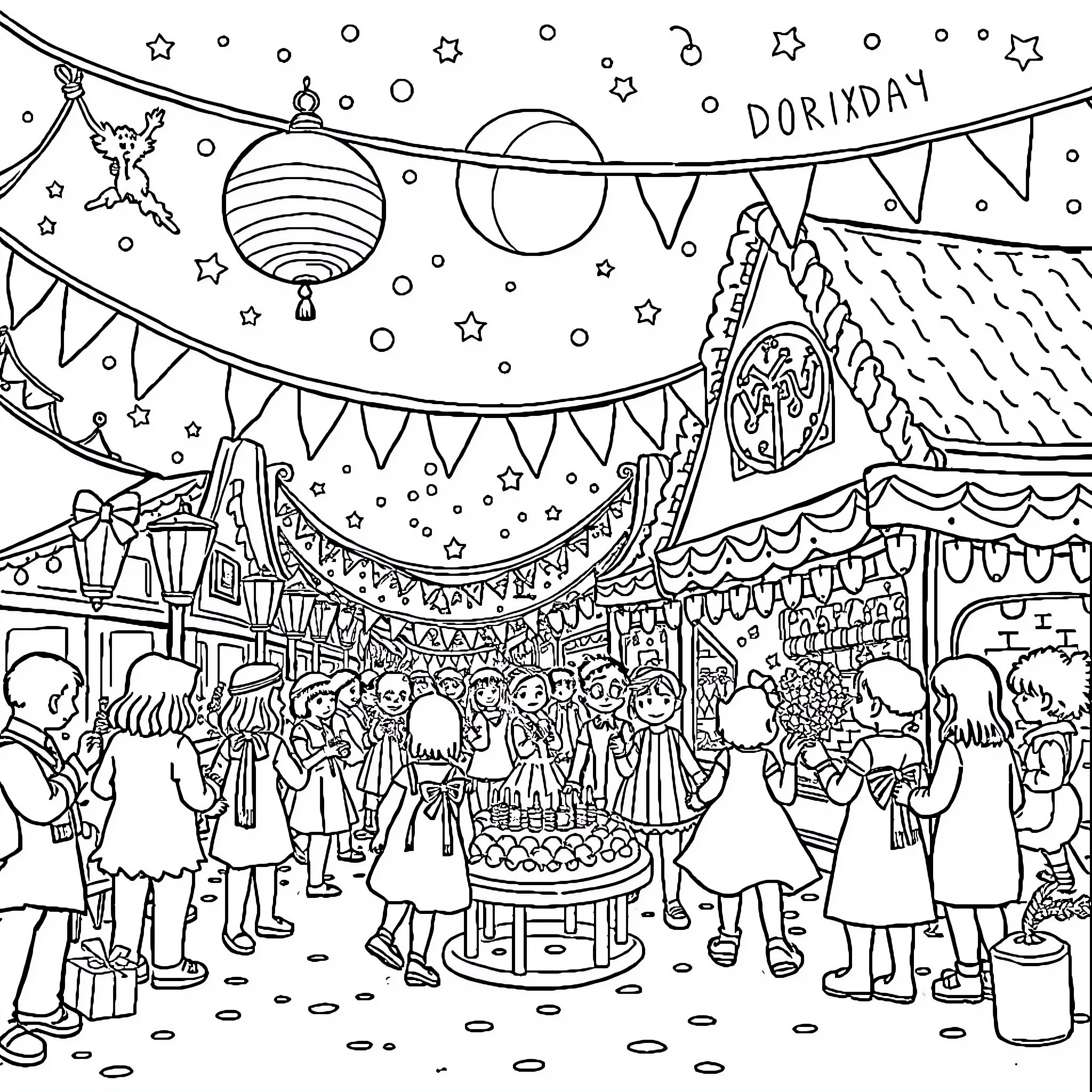 Dorixday Celebration with Decorations and Crowd Coloring Page (free black-and-white line drawing printable PDF for all, from beginners to advanced learners, including children, teens, adults, and seniors)