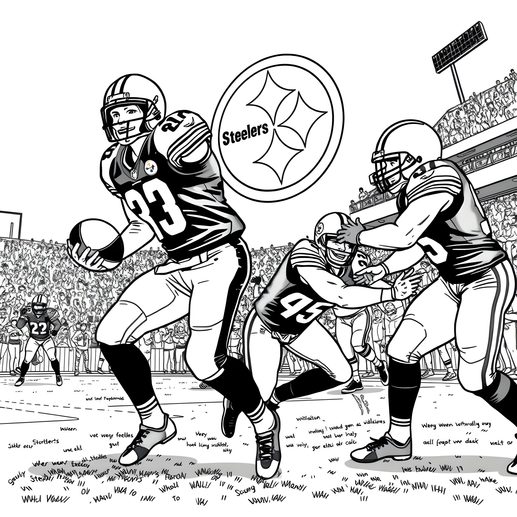 Football players in action on the field Coloring Page (free black-and-white line drawing printable PDF for all, from beginners to advanced learners, including children, teens, adults, and seniors)