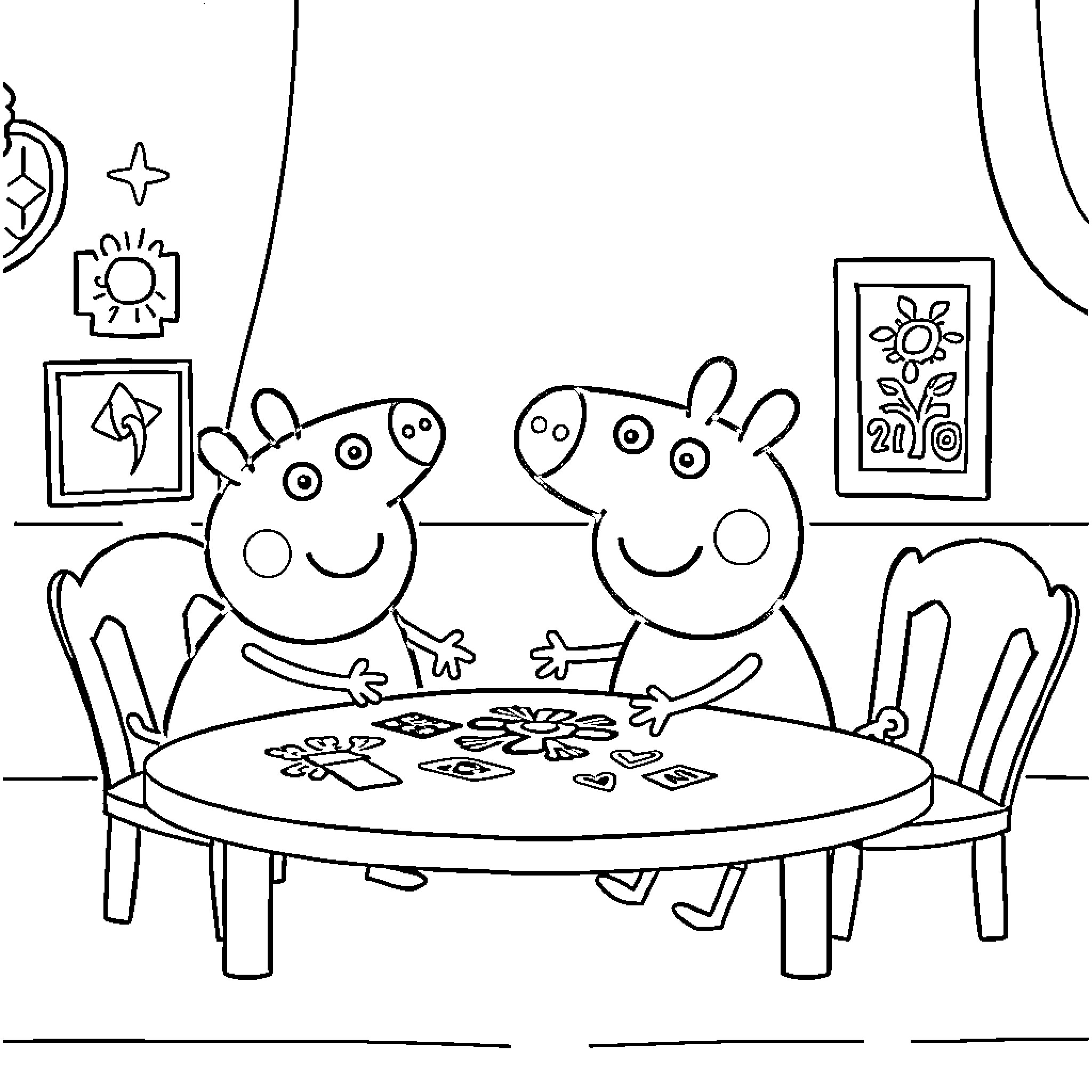 Peppa Pig and friends coloring together at the table Coloring Page (free black-and-white line drawing printable PDF for all, from beginners to advanced learners, including children, teens, adults, and seniors)