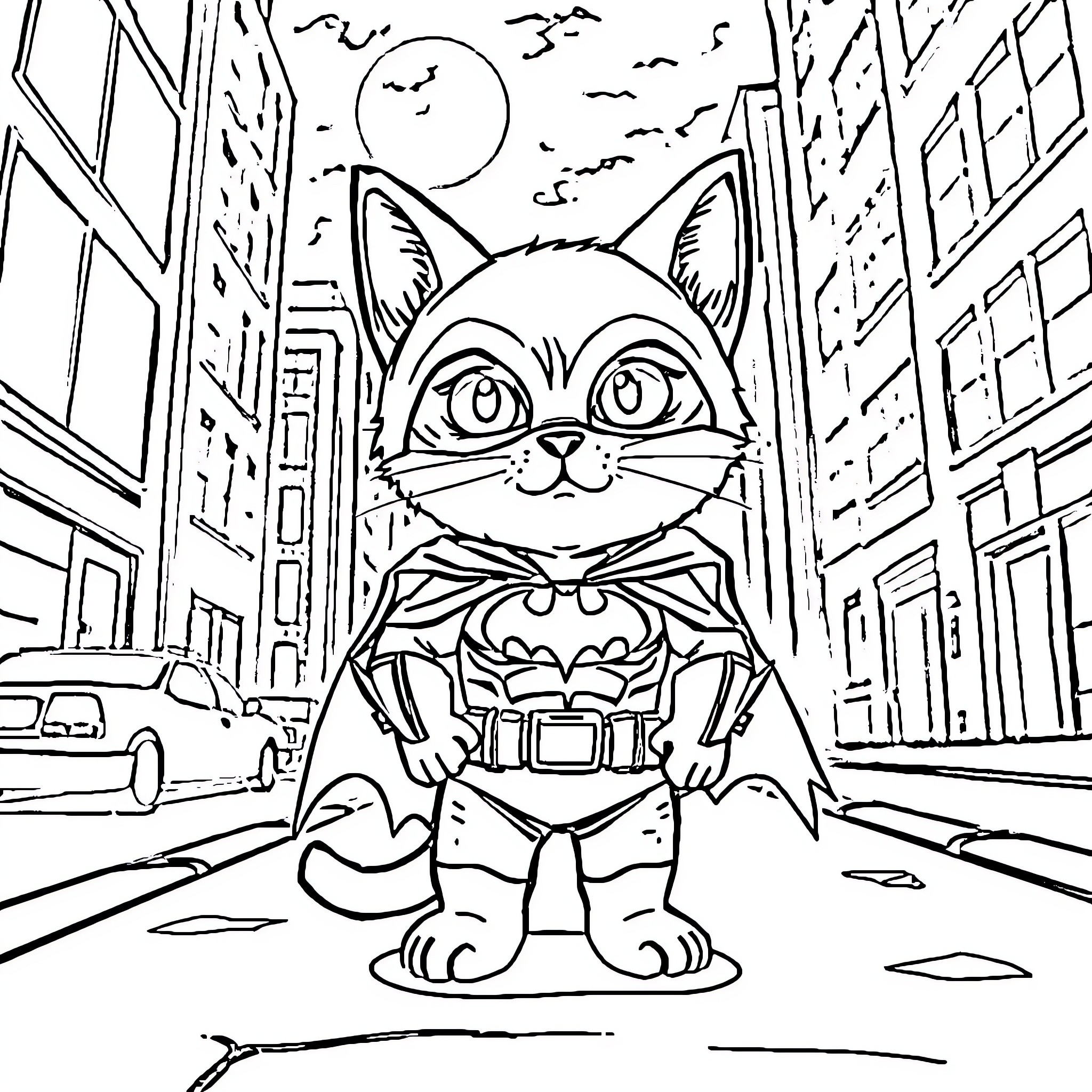 Cat superhero in the city Coloring Page (free black-and-white line drawing printable PDF for all, from beginners to advanced learners, including children, teens, adults, and seniors)