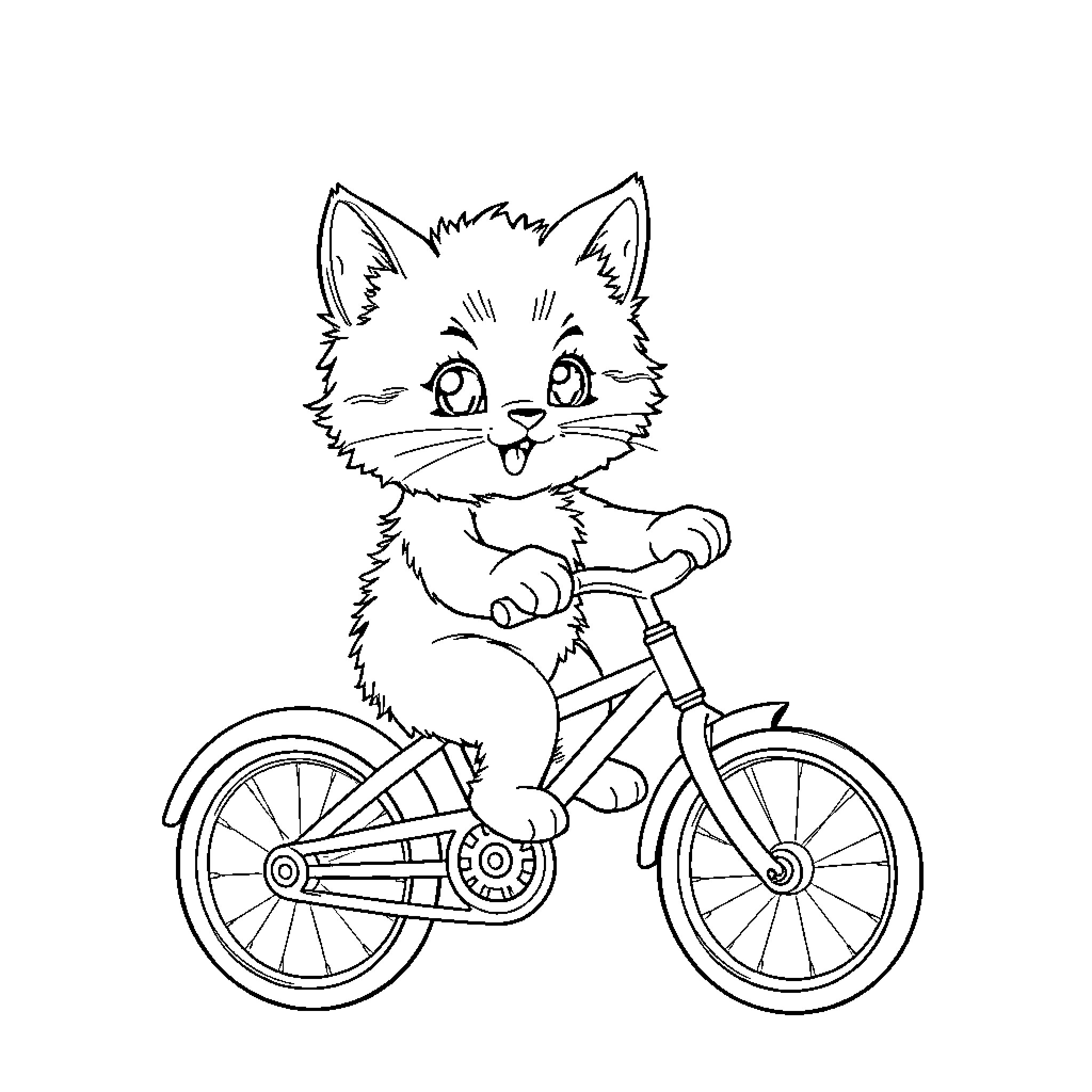 Kitten riding a bicycle cheerfully Coloring Page (free black-and-white line drawing printable PDF for all, from beginners to advanced learners, including children, teens, adults, and seniors)