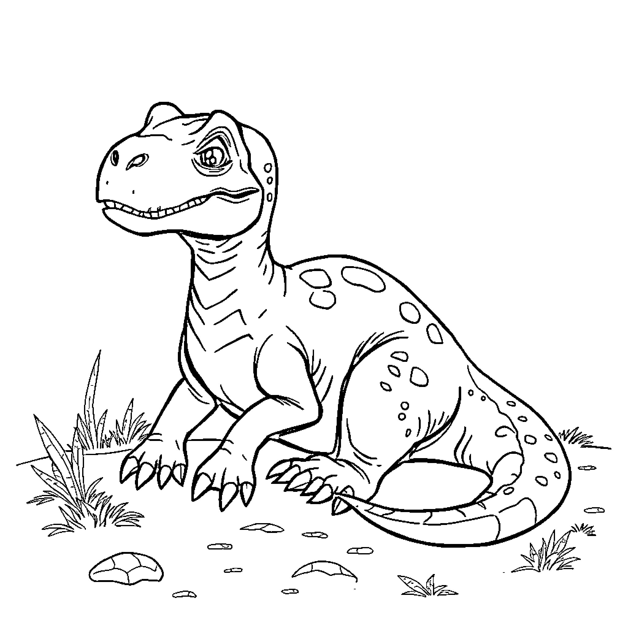 Dinosaur playfully exploring the outdoors Coloring Page (free black-and-white line drawing printable PDF for all, from beginners to advanced learners, including children, teens, adults, and seniors)