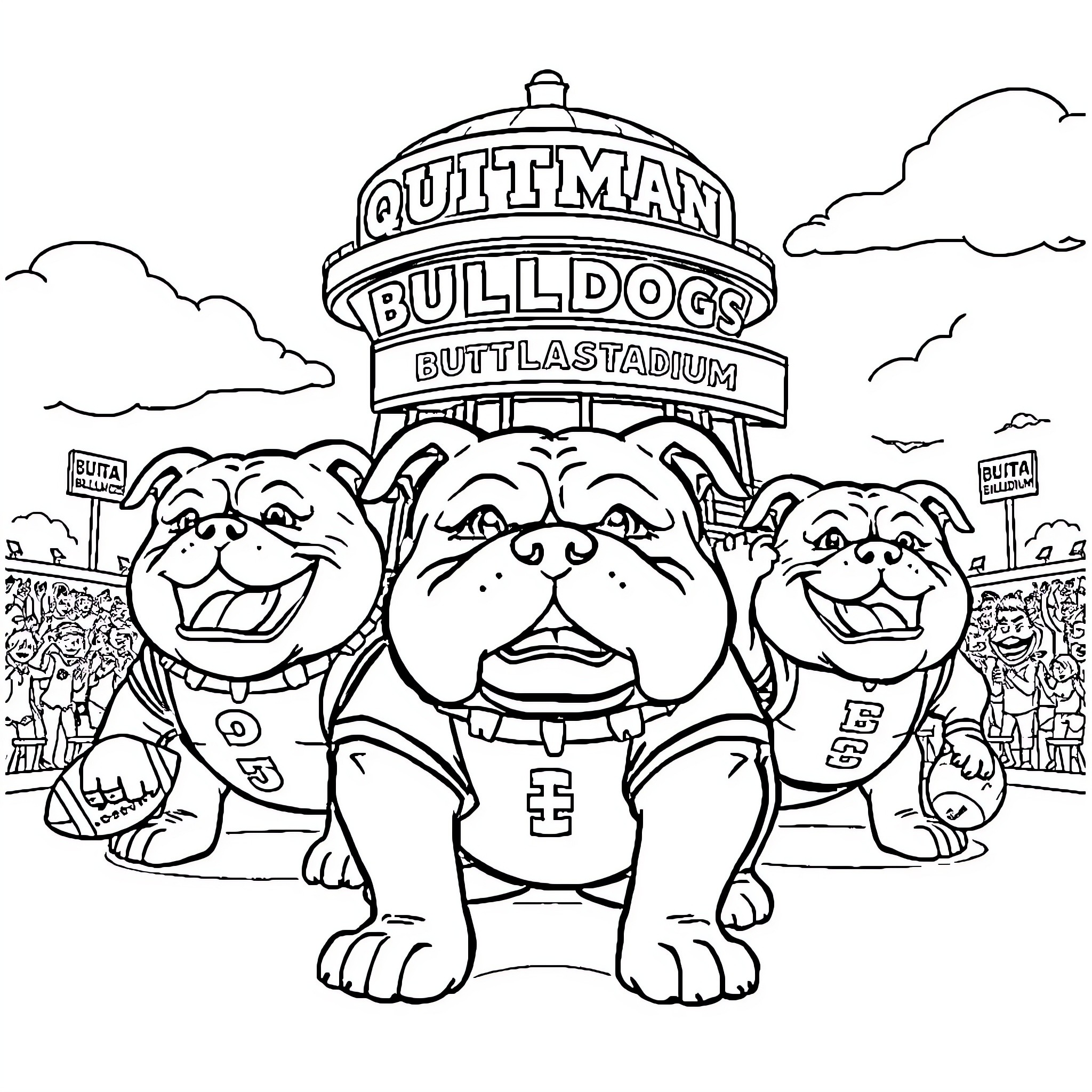 Bulldogs Posing Proudly at Their Stadium Coloring Page (free black-and-white line drawing printable PDF for all, from beginners to advanced learners, including children, teens, adults, and seniors)
