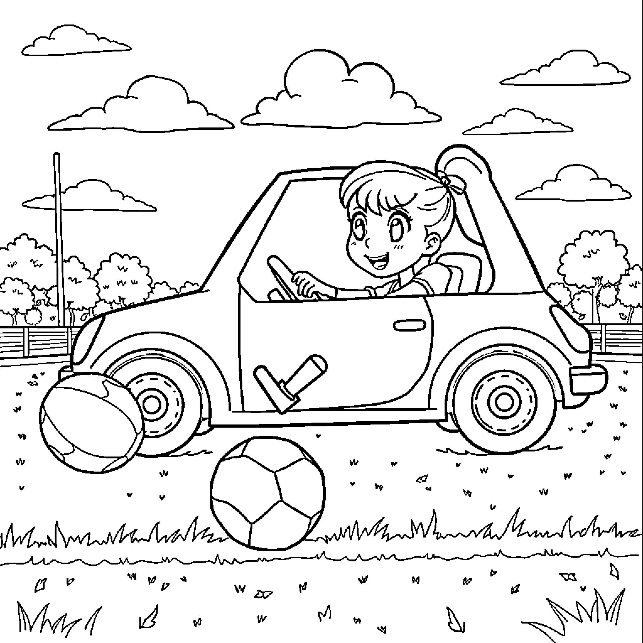 Gabby's Playful Drive in the Park Coloring Page (free black-and-white line drawing printable PDF for all, from beginners to advanced learners, including children, teens, adults, and seniors)