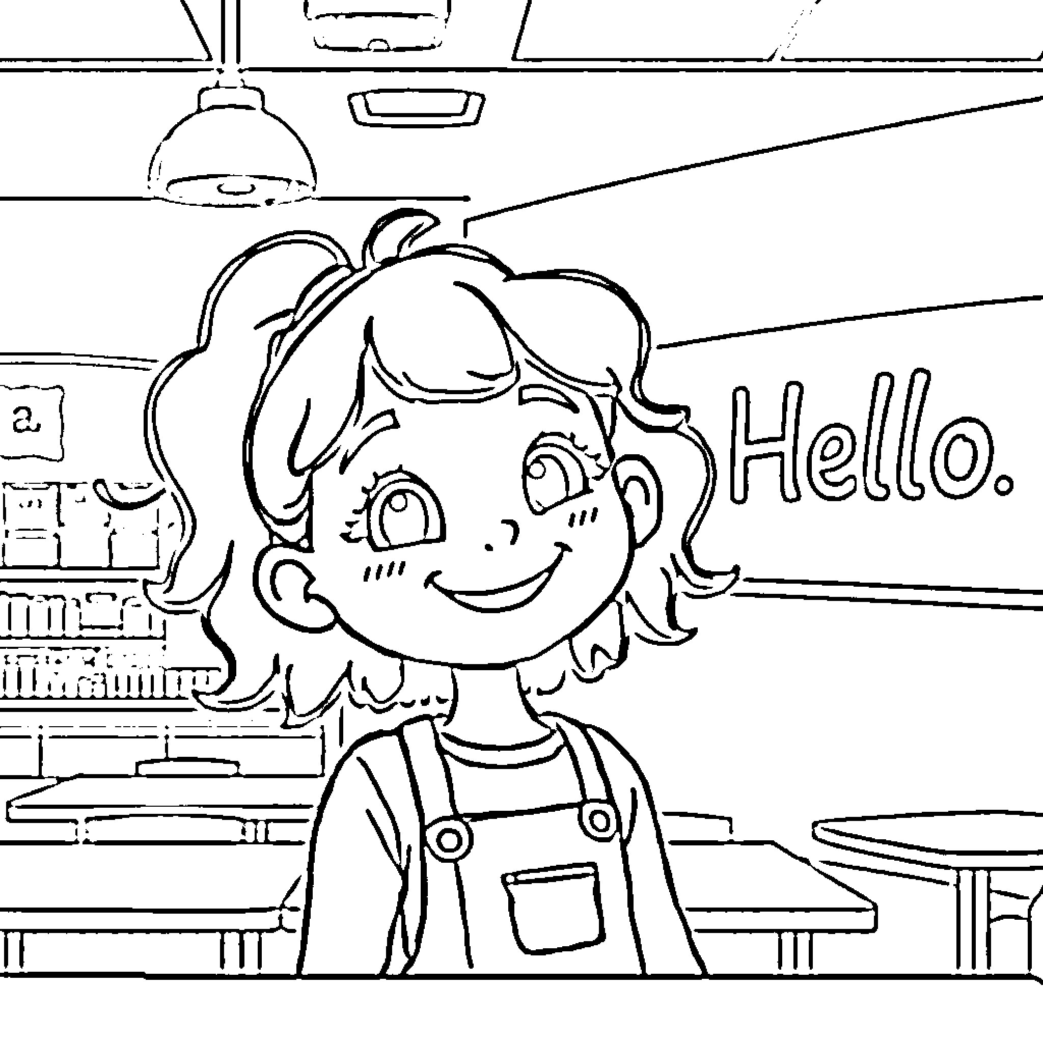 Girl waving hello in a classroom Coloring Page (free black-and-white line drawing printable PDF for all, from beginners to advanced learners, including children, teens, adults, and seniors)
