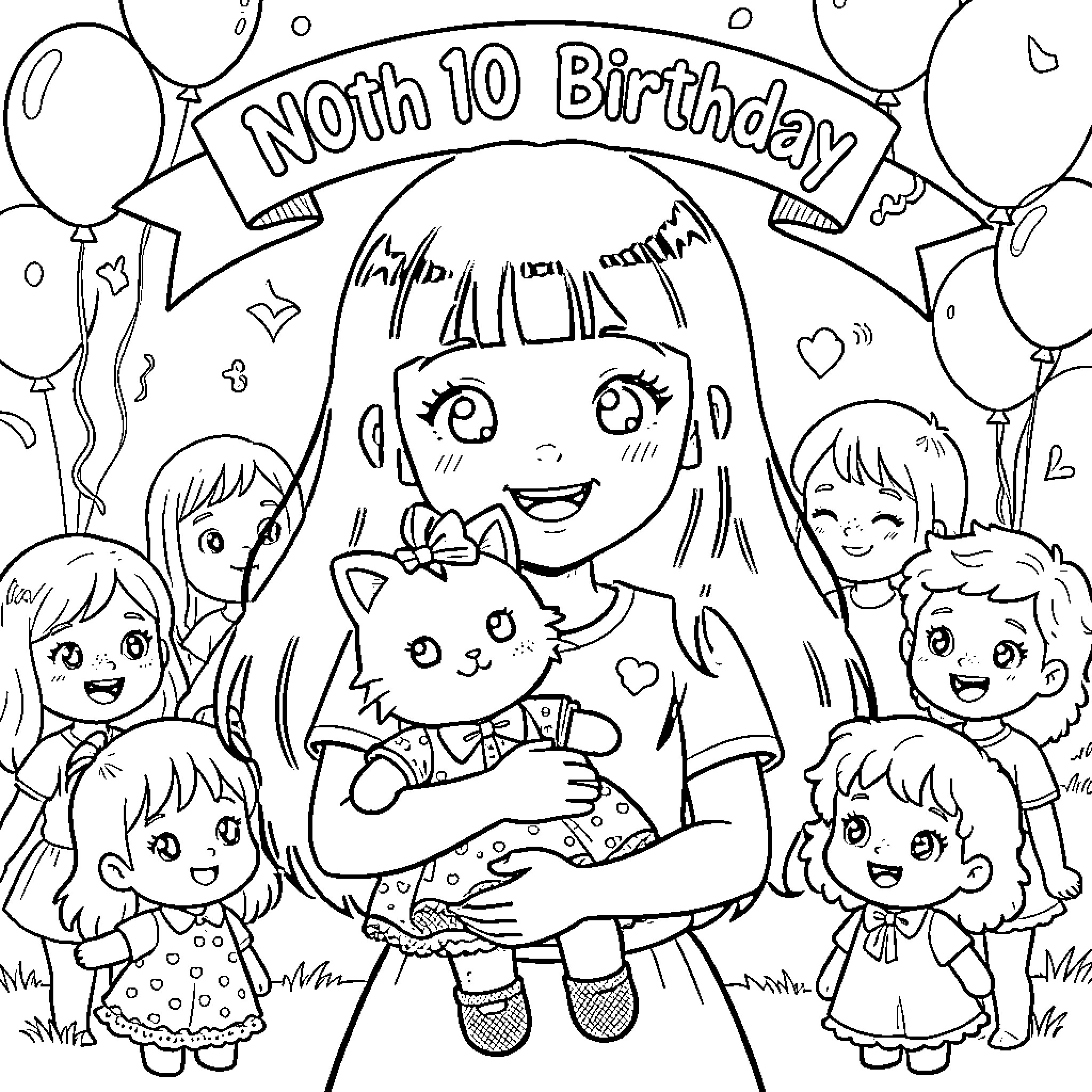 Daughter's 10th Birthday Celebration with Friends Coloring Page (free black-and-white line drawing printable PDF for all, from beginners to advanced learners, including children, teens, adults, and seniors)