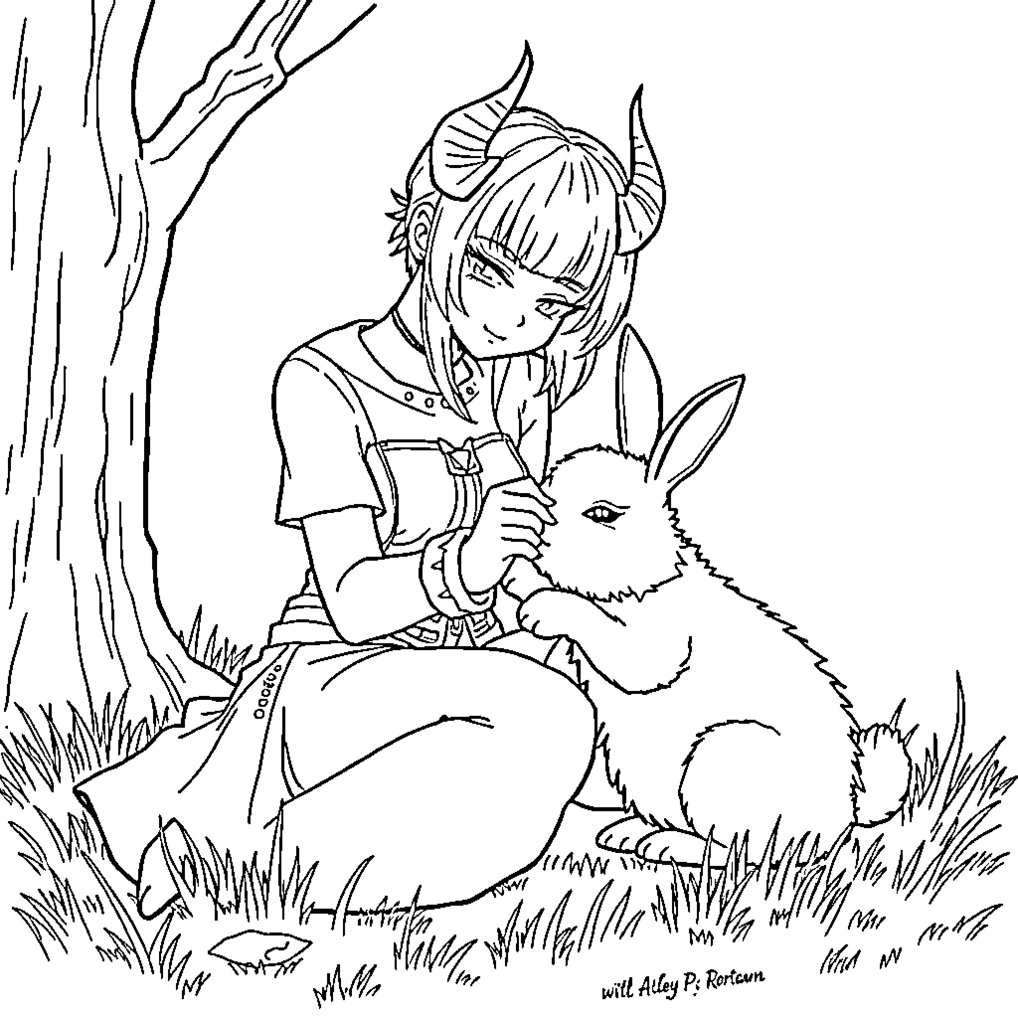 Zoey's Peaceful Encounter with a Furry Friend Coloring Page (free black-and-white line drawing printable PDF for all, from beginners to advanced learners, including children, teens, adults, and seniors)