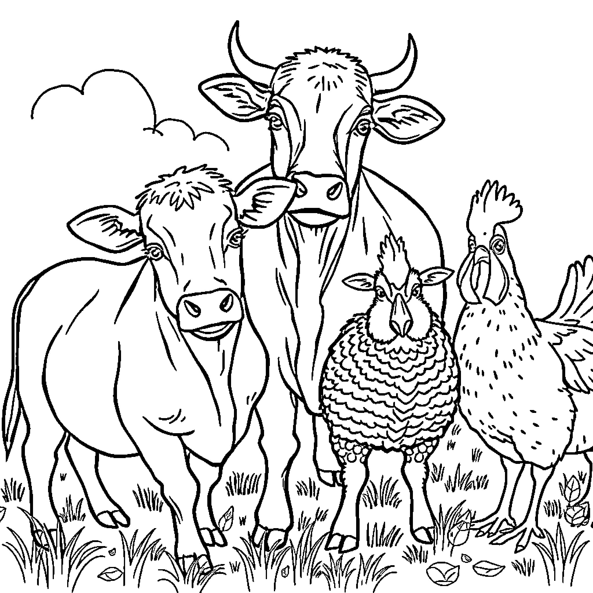 Farm Animals in a Lively Farmyard Scene Coloring Page (free black-and-white line drawing printable PDF for all, from beginners to advanced learners, including children, teens, adults, and seniors)