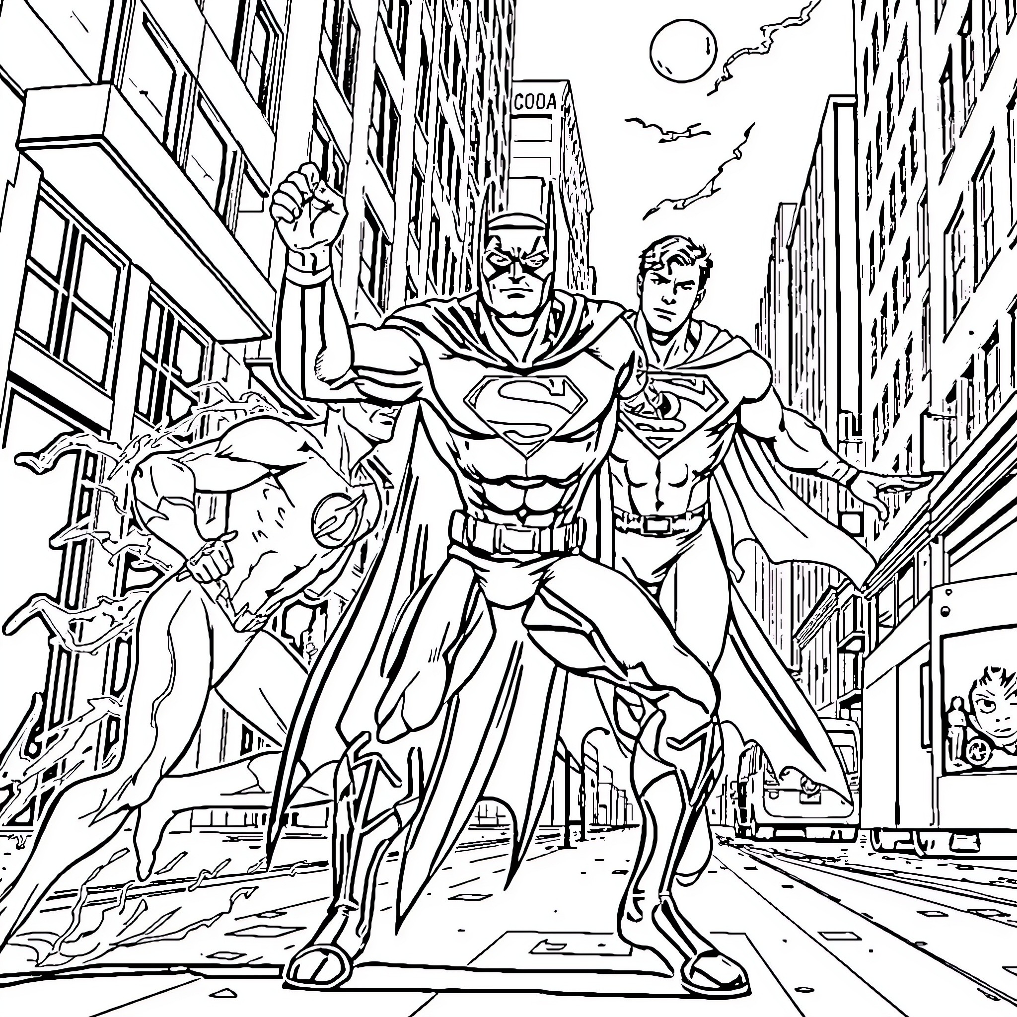 Superhero duo soaring over the city streets Coloring Page (free black-and-white line drawing printable PDF for all, from beginners to advanced learners, including children, teens, adults, and seniors)