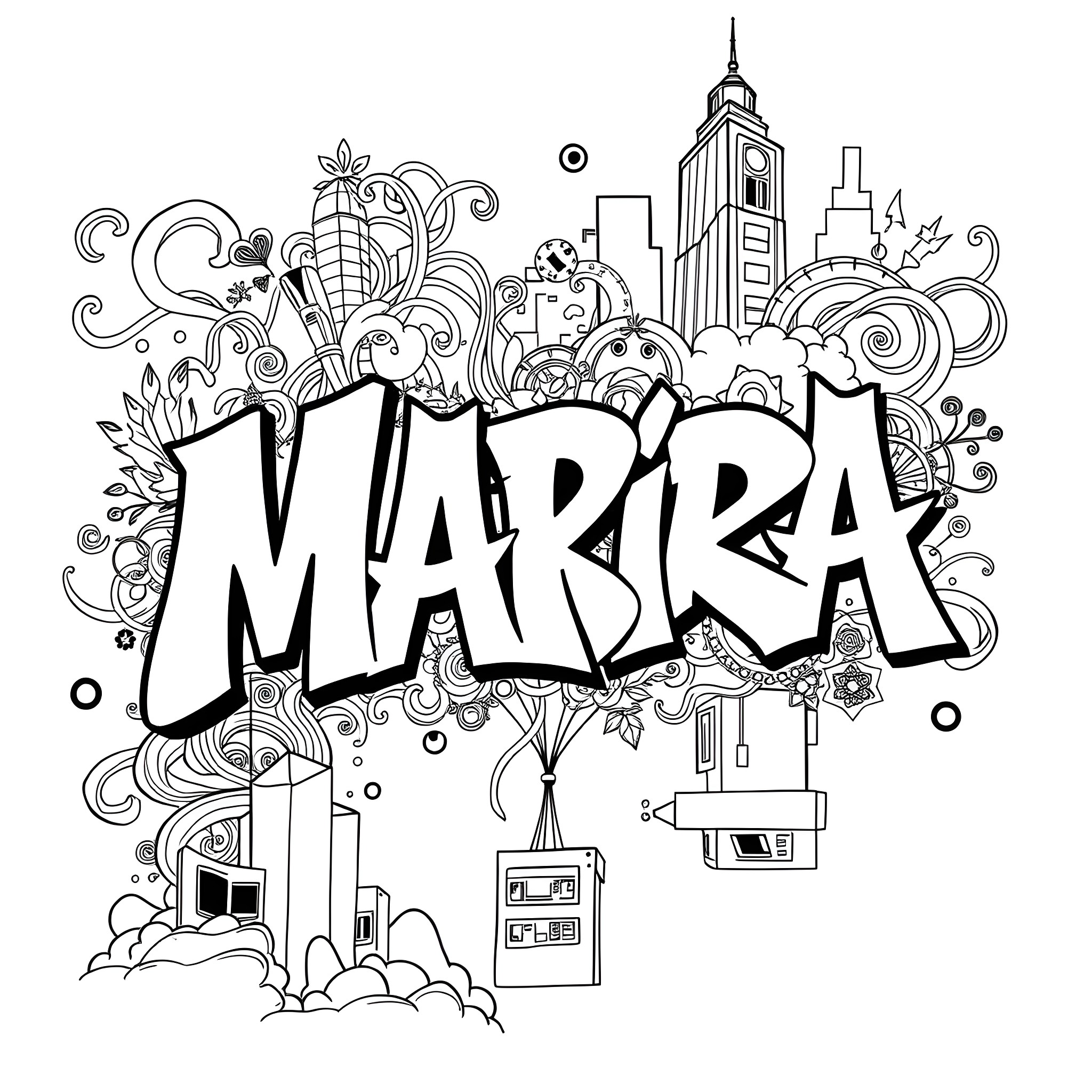 Maria's whimsical cityscape adventure Coloring Page (free black-and-white line drawing printable PDF for all, from beginners to advanced learners, including children, teens, adults, and seniors)