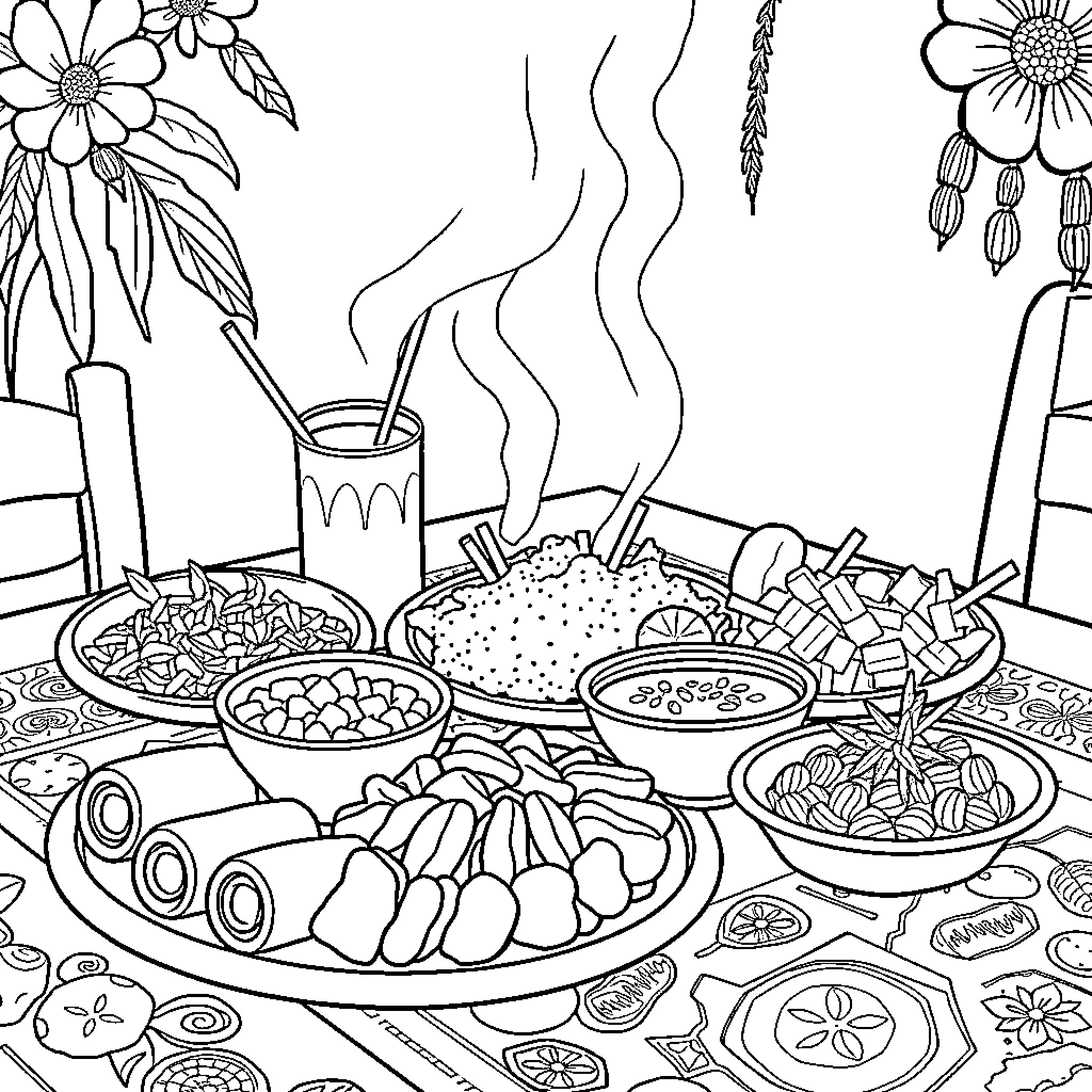 Kerala Snack Platter with Vibrant Dishes and Spices Coloring Page (free black-and-white line drawing printable PDF for all, from beginners to advanced learners, including children, teens, adults, and seniors)