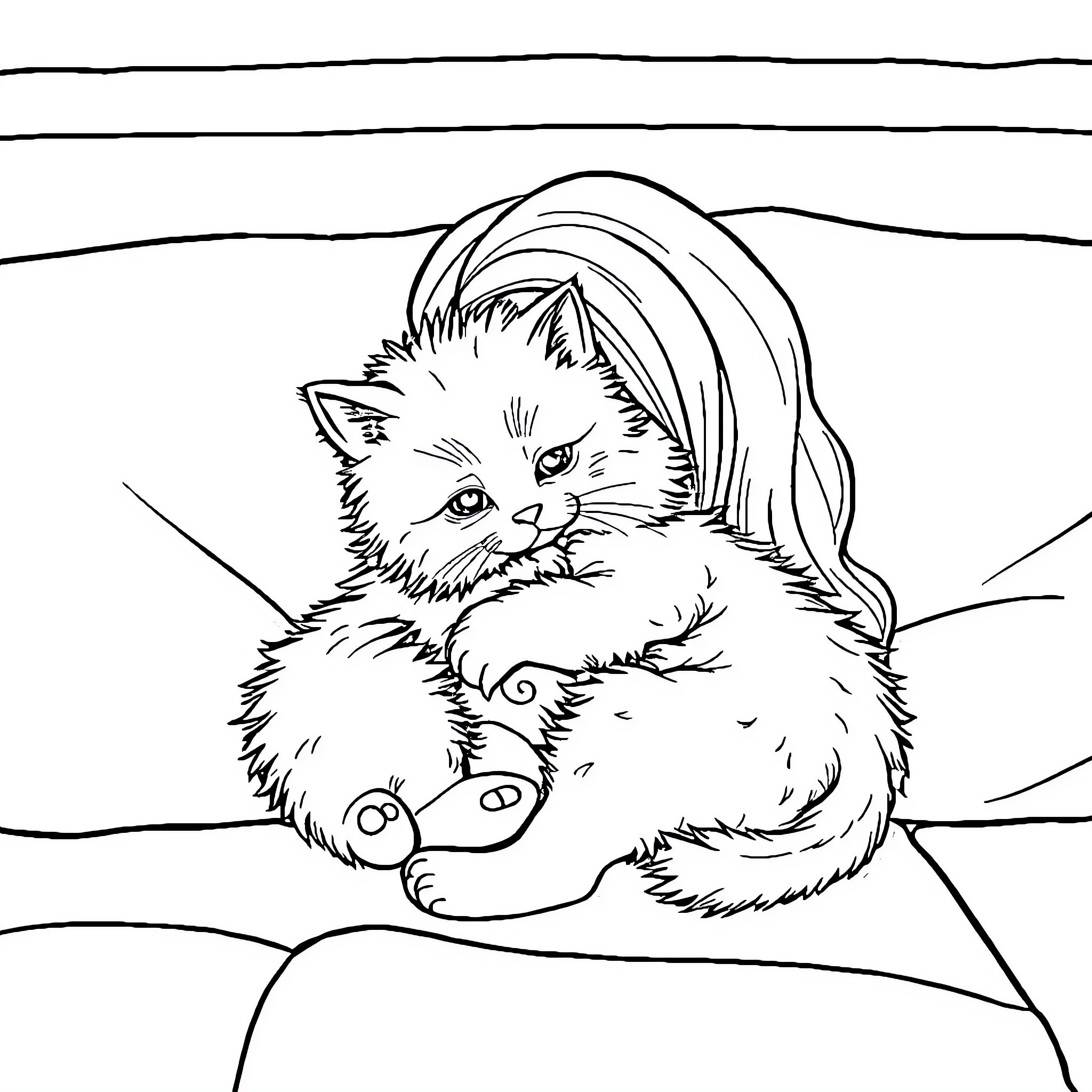 Kitty relaxing on a cozy blanket Coloring Page (free black-and-white line drawing printable PDF for all, from beginners to advanced learners, including children, teens, adults, and seniors)