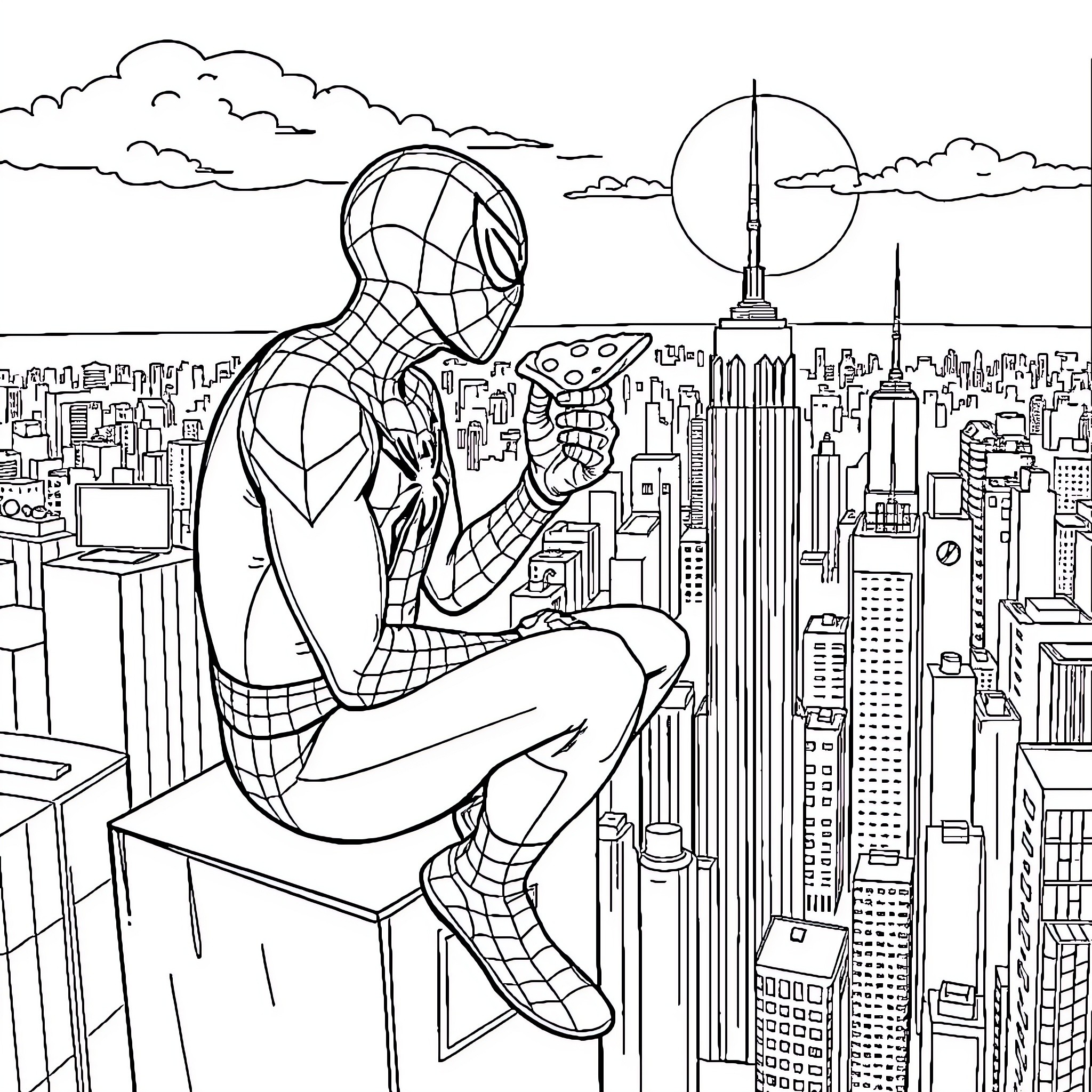 Spiderman swinging high above the city skyline Coloring Page (free black-and-white line drawing printable PDF for all, from beginners to advanced learners, including children, teens, adults, and seniors)