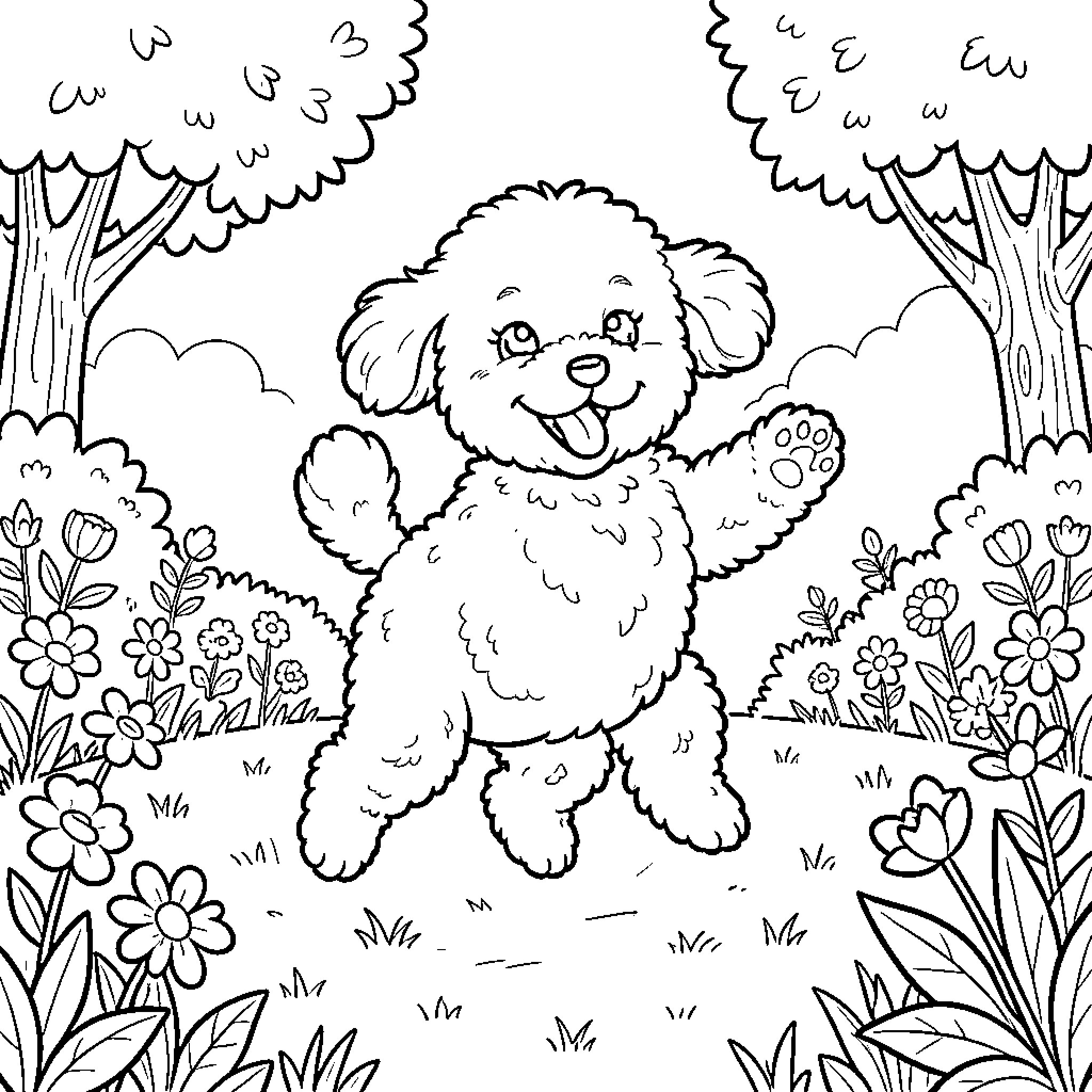 Bichon Frise dog playing in a floral garden Coloring Page (free black-and-white line drawing printable PDF for all, from beginners to advanced learners, including children, teens, adults, and seniors)