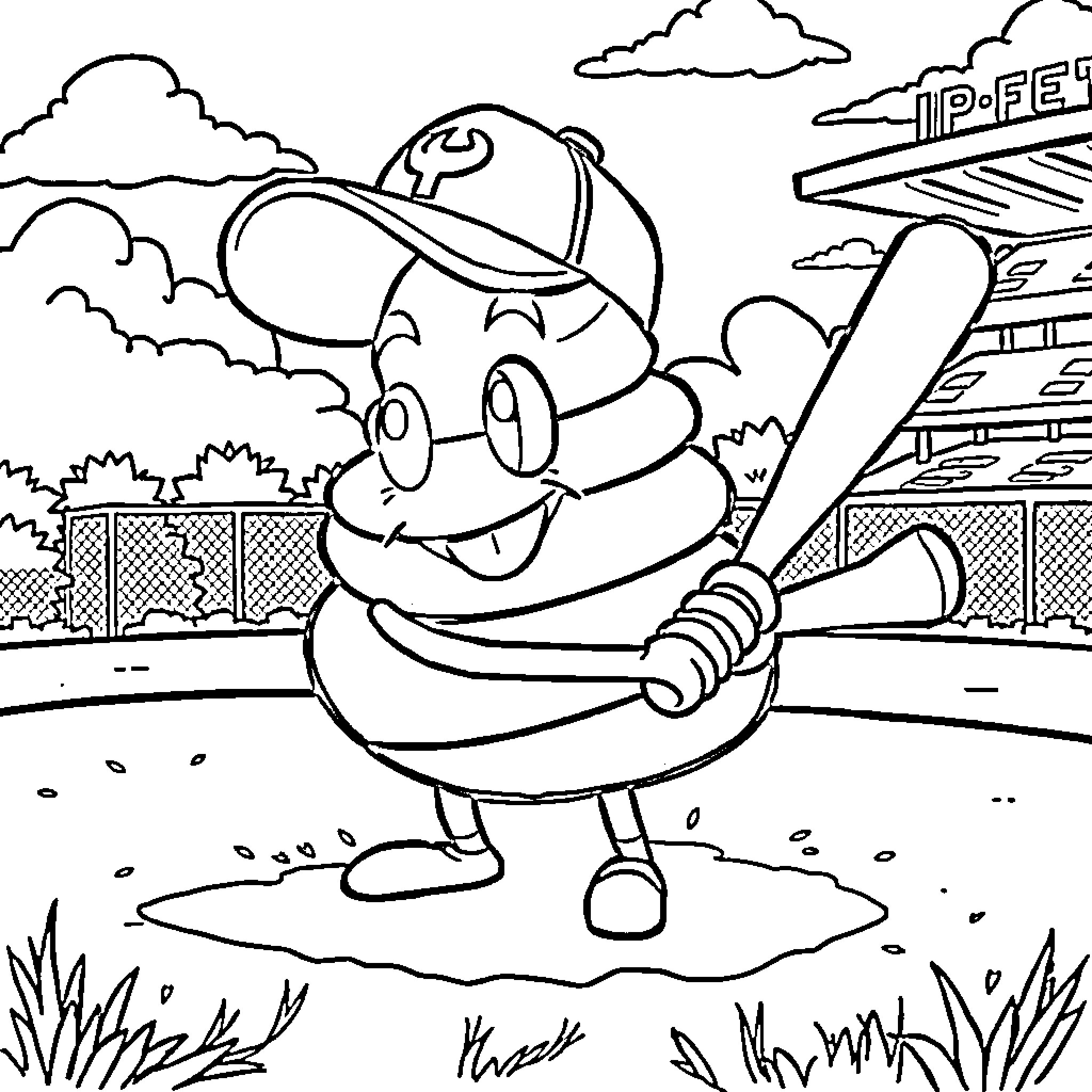 Poop worker happily maintaining facilities in the park Coloring Page (free black-and-white line drawing printable PDF for all, from beginners to advanced learners, including children, teens, adults, and seniors)