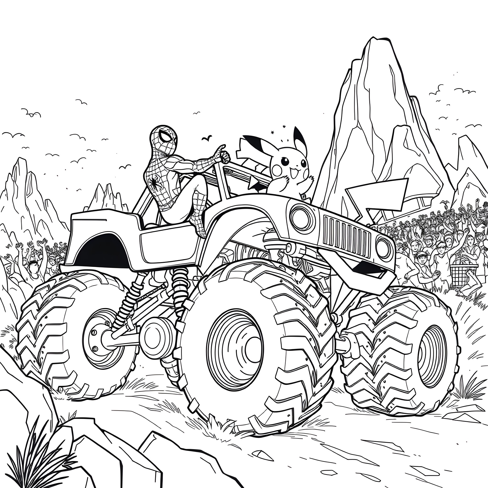 Spider-Man Driving a Monster Truck Adventure Coloring Page (free black-and-white line drawing printable PDF for all, from beginners to advanced learners, including children, teens, adults, and seniors)