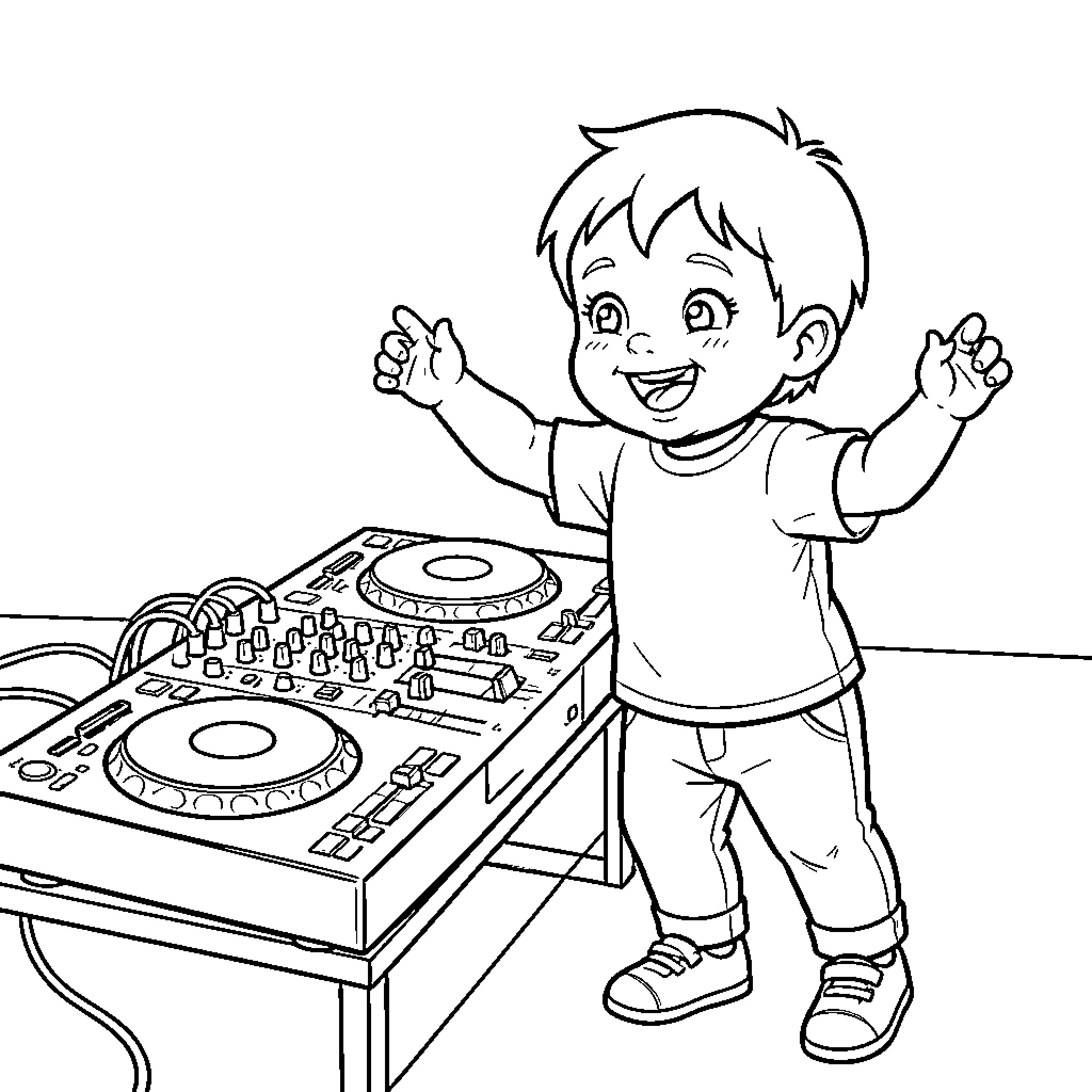 Toddler excitedly dancing behind a DJ turntable setup Coloring Page (free black-and-white line drawing printable PDF for all, from beginners to advanced learners, including children, teens, adults, and seniors)