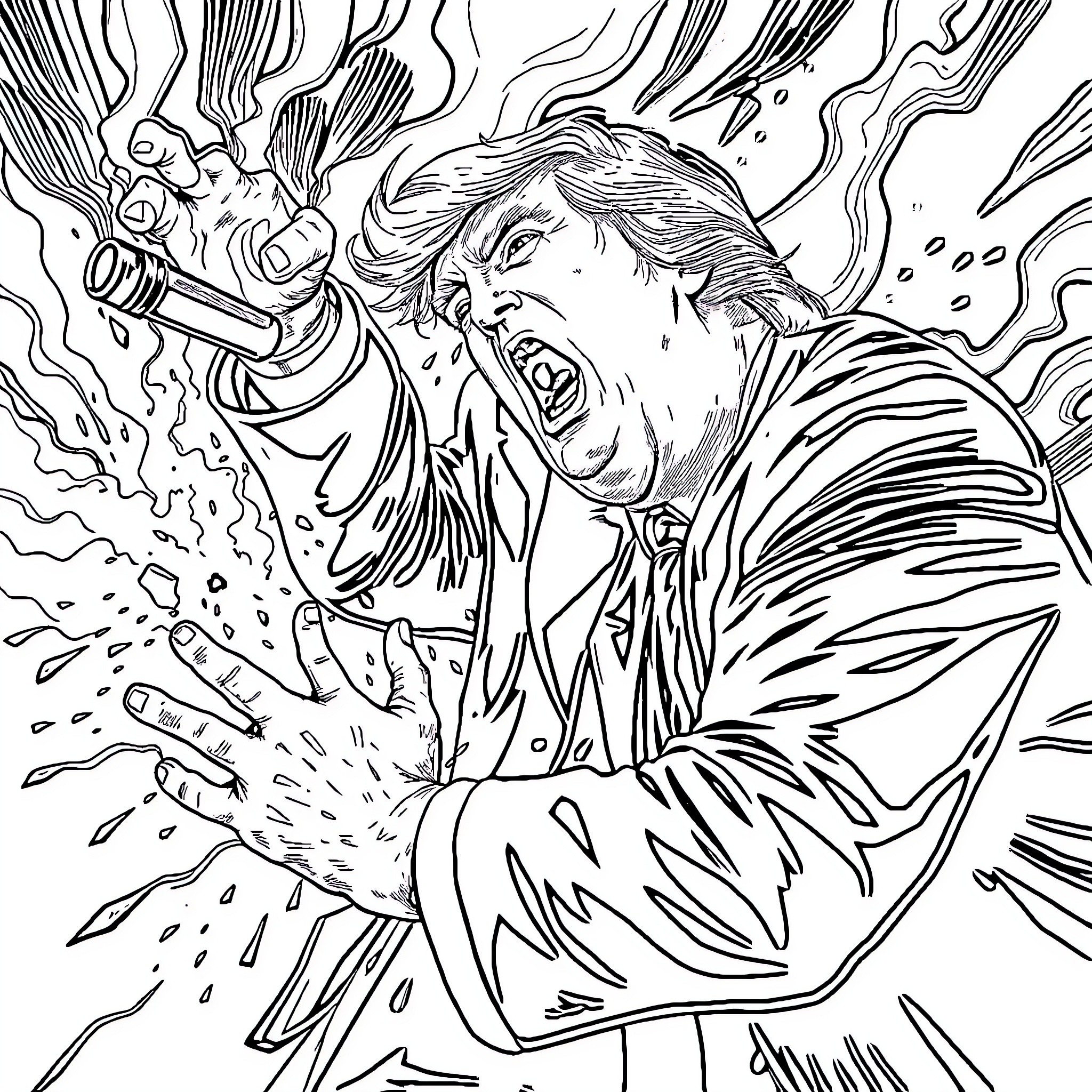 Donald Trump in Intense Outrage Coloring Page (free black-and-white line drawing printable PDF for all, from beginners to advanced learners, including children, teens, adults, and seniors)