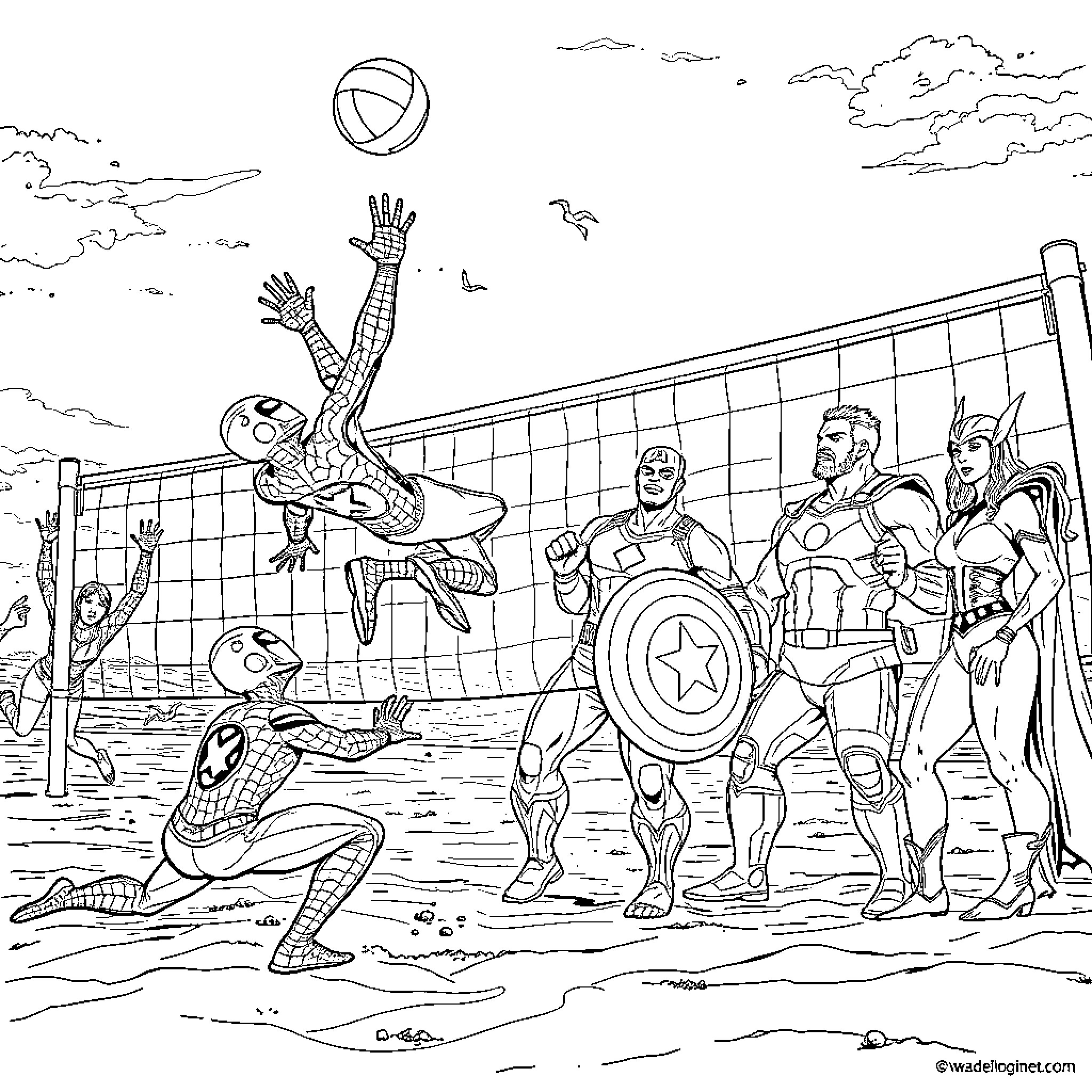 Superheroes playing volleyball on the beach Coloring Page (free black-and-white line drawing printable PDF for all, from beginners to advanced learners, including children, teens, adults, and seniors)