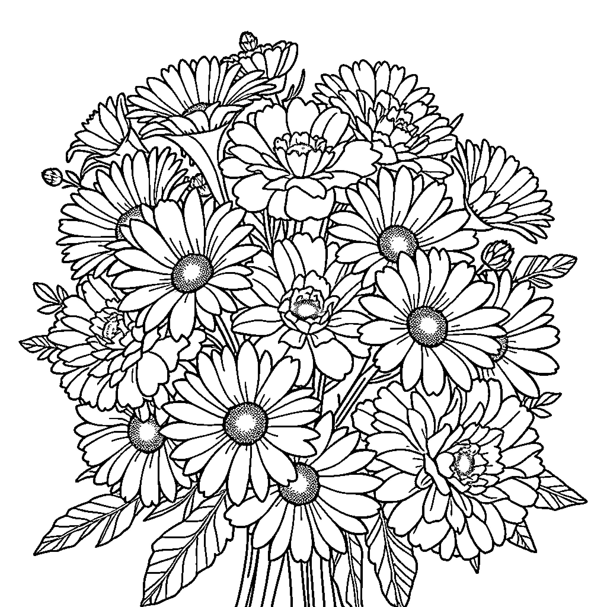 Bouquet of Vibrant Floral Arrangements Coloring Page (free black-and-white line drawing printable PDF for all, from beginners to advanced learners, including children, teens, adults, and seniors)