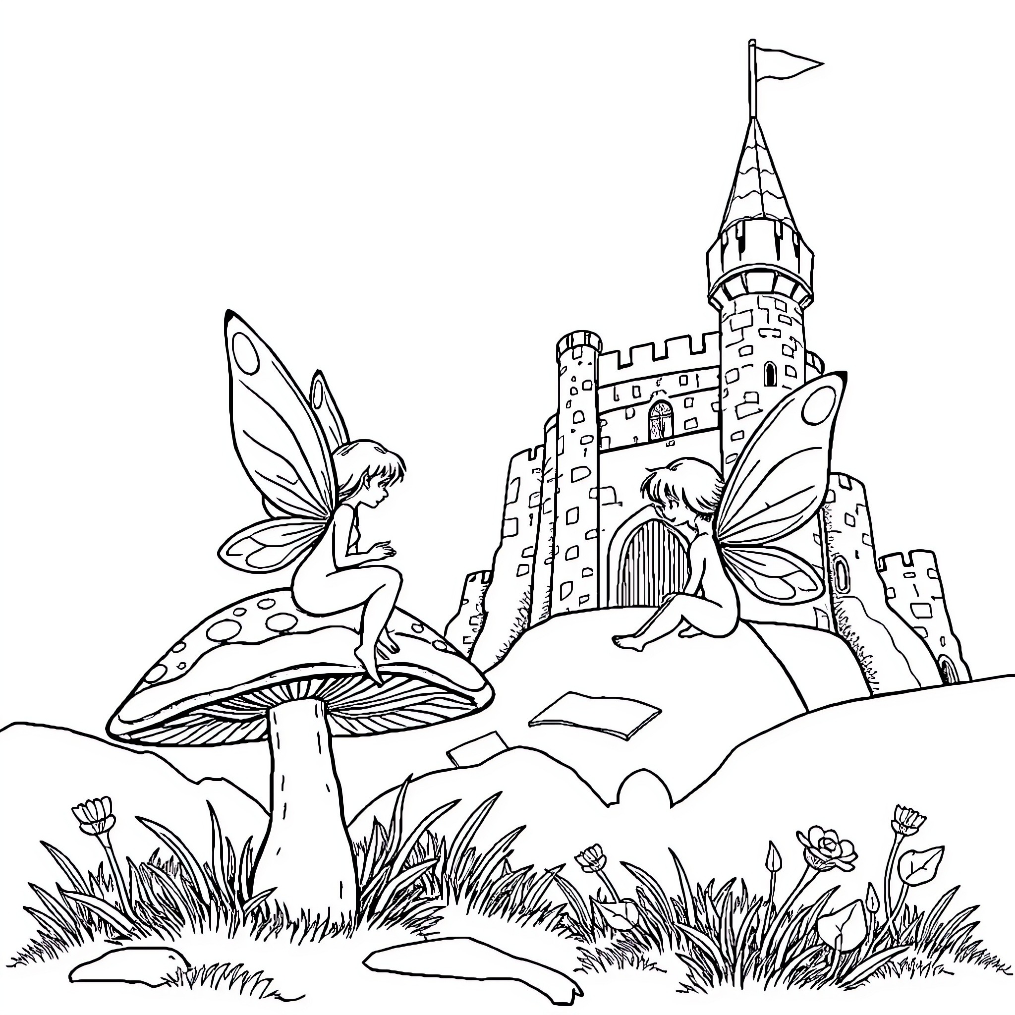 Fairy Elves Resting Near Magical Castle Coloring Page (free black-and-white line drawing printable PDF for all, from beginners to advanced learners, including children, teens, adults, and seniors)
