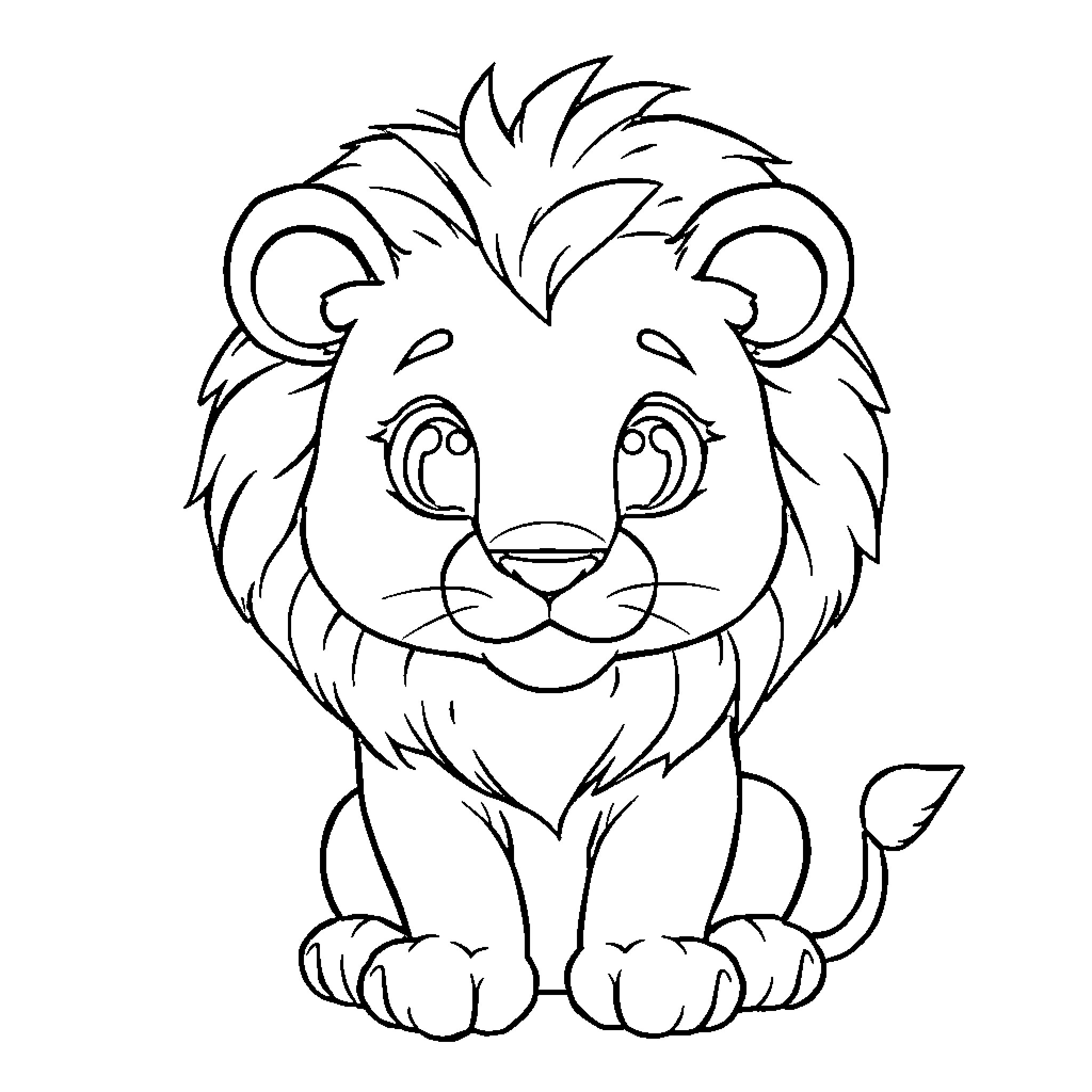 Lion Cub with Cute Expression Coloring Page (free black-and-white line drawing printable PDF for all, from beginners to advanced learners, including children, teens, adults, and seniors)