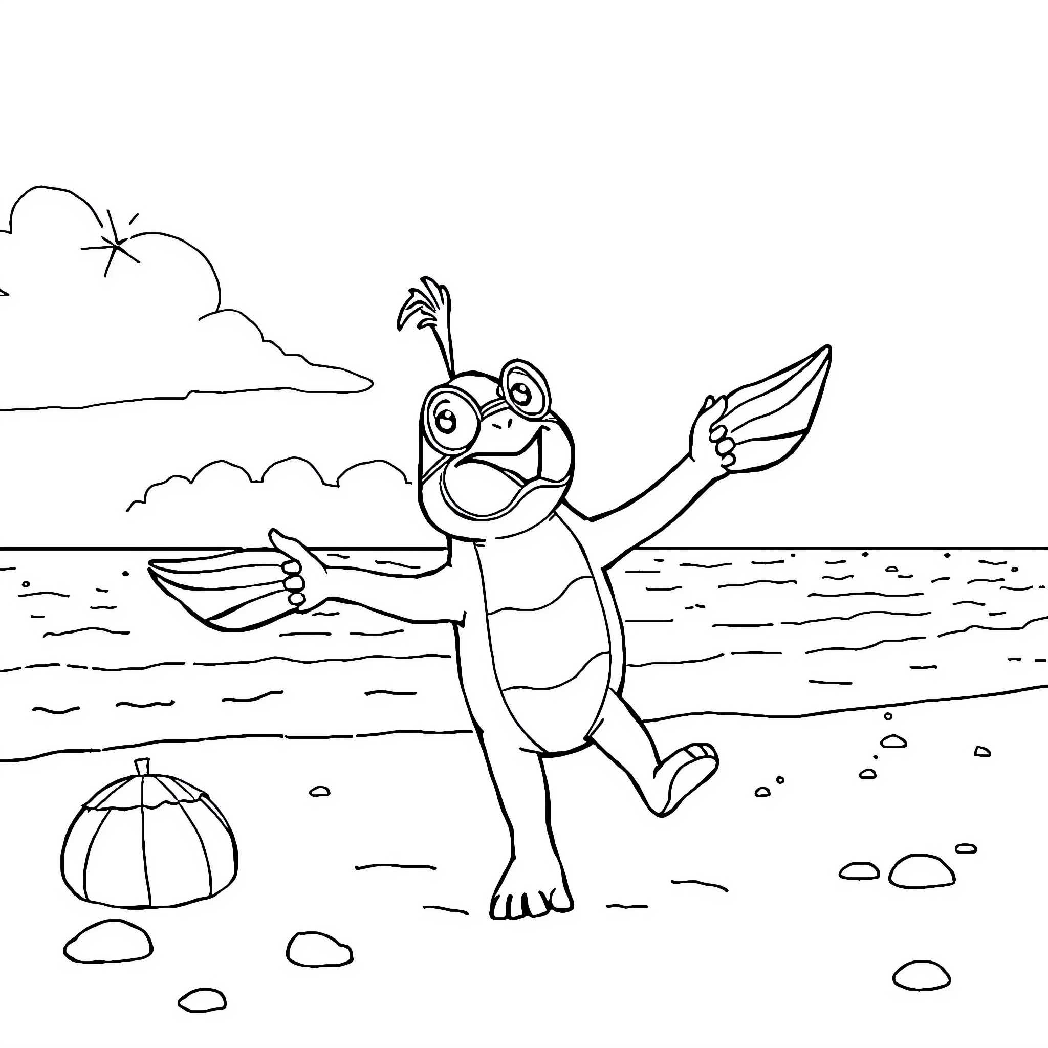 Paw Patrol Frog Exploring Beach Adventure Coloring Page (free black-and-white line drawing printable PDF for all, from beginners to advanced learners, including children, teens, adults, and seniors)