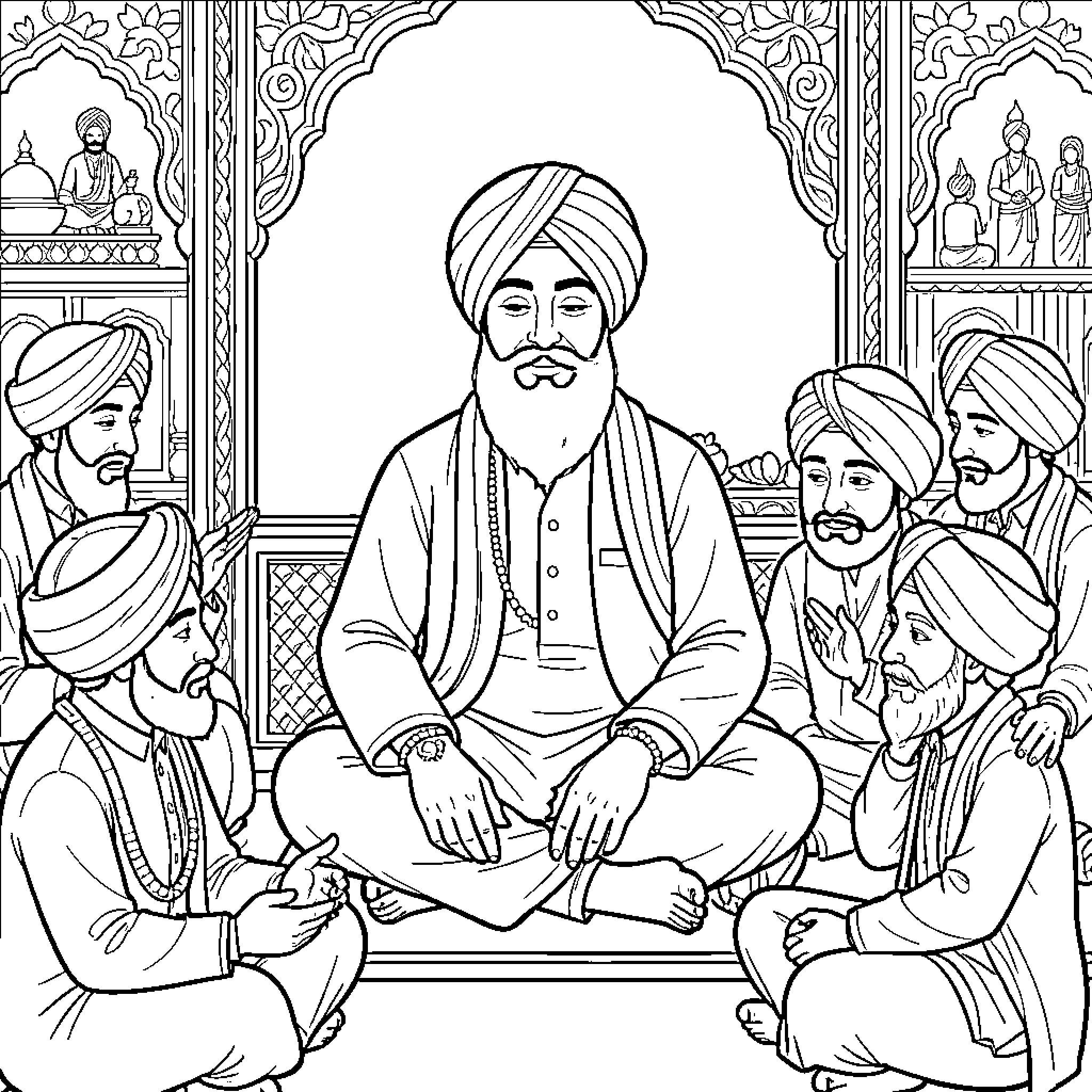 Guru Gobind Singh seated among his followers Coloring Page (free black-and-white line drawing printable PDF for all, from beginners to advanced learners, including children, teens, adults, and seniors)