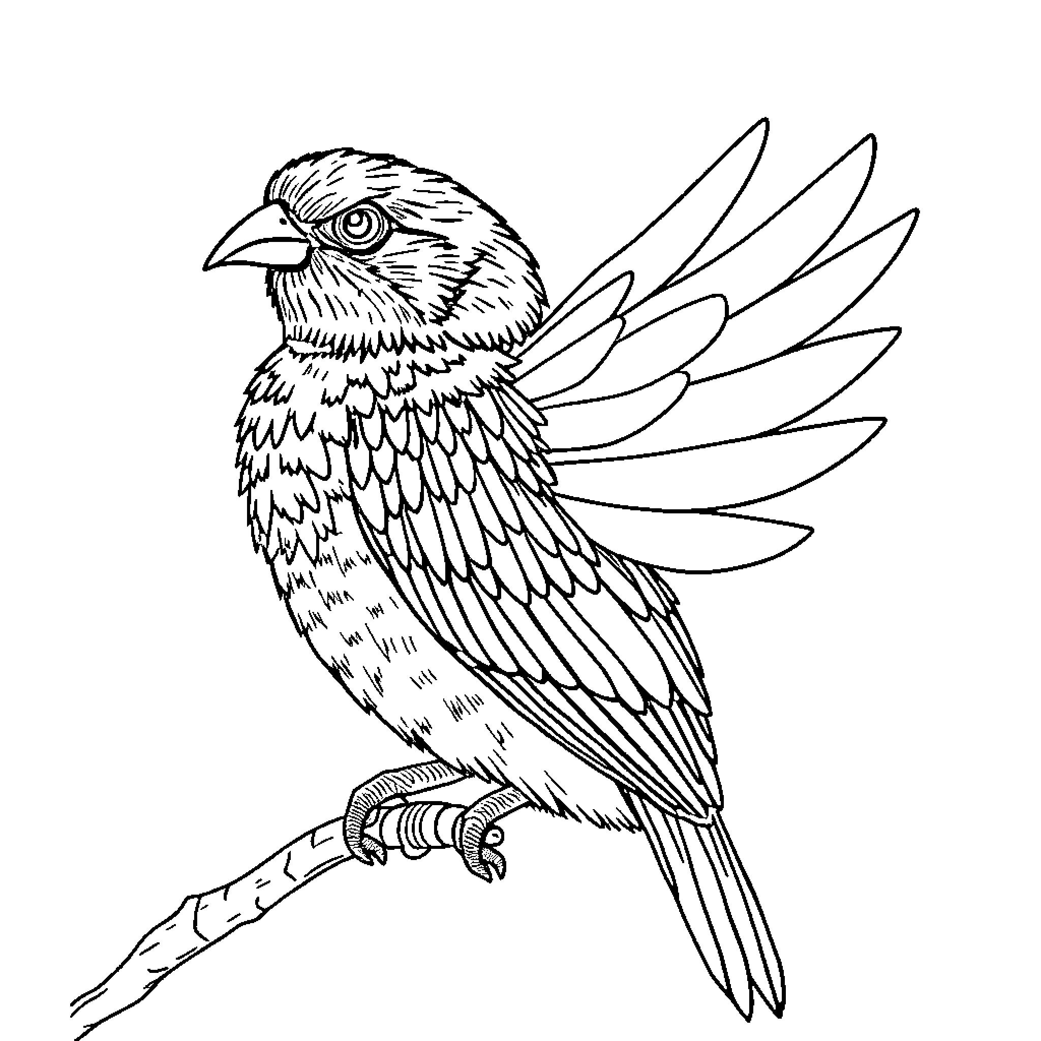 Bird perched on a branch with spread wings Coloring Page (free black-and-white line drawing printable PDF for all, from beginners to advanced learners, including children, teens, adults, and seniors)