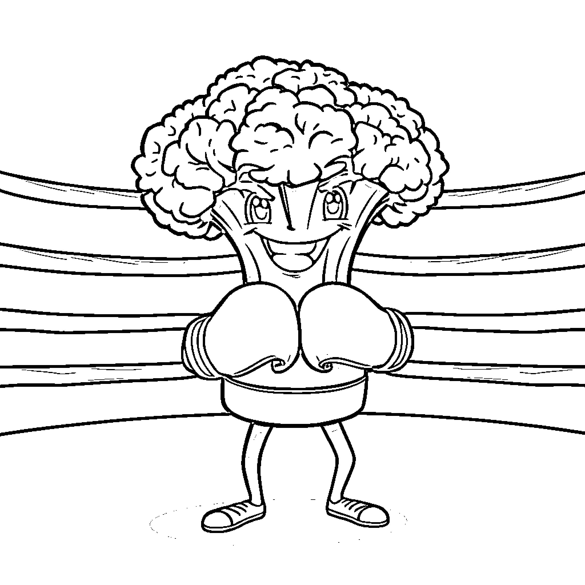 Broccoli Champion in the Ring Coloring Page (free black-and-white line drawing printable PDF for all, from beginners to advanced learners, including children, teens, adults, and seniors)