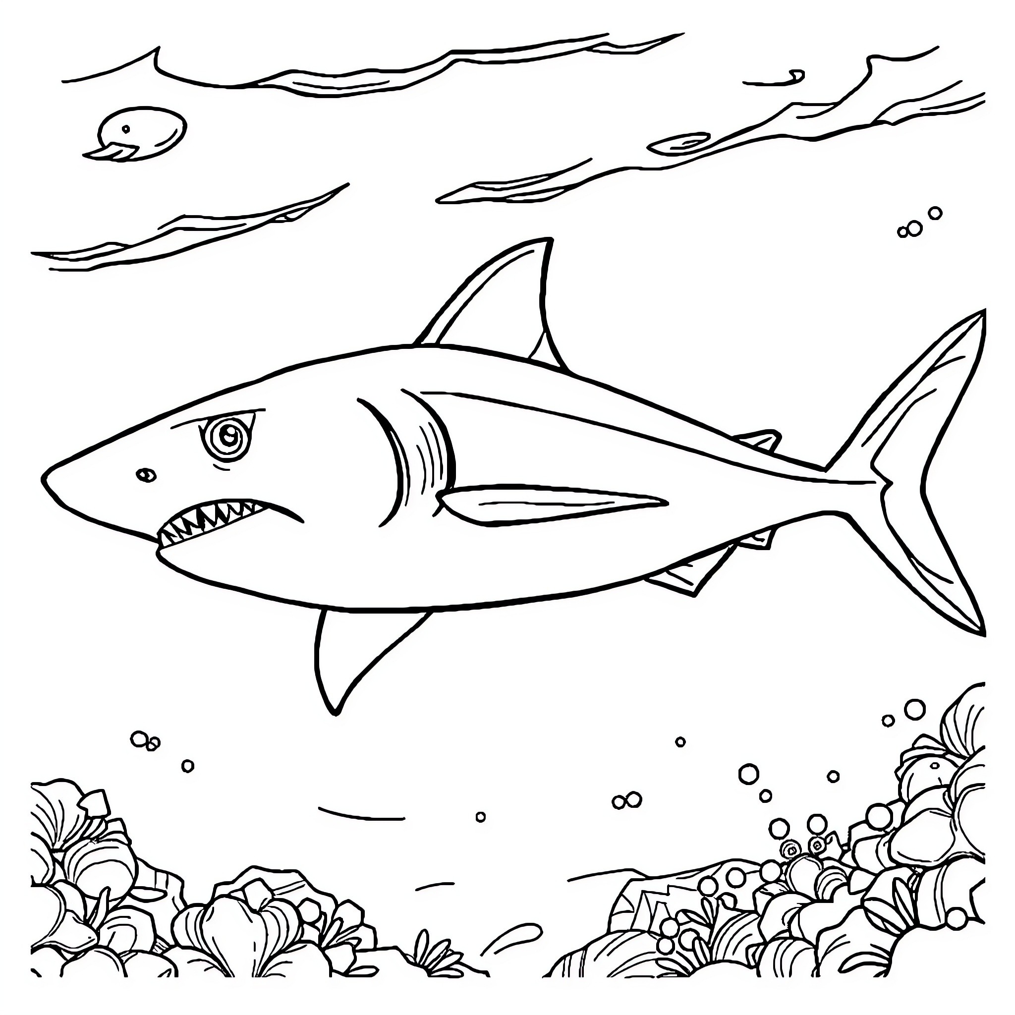 Sharpedo swimming through the underwater scenery Coloring Page (free black-and-white line drawing printable PDF for all, from beginners to advanced learners, including children, teens, adults, and seniors)