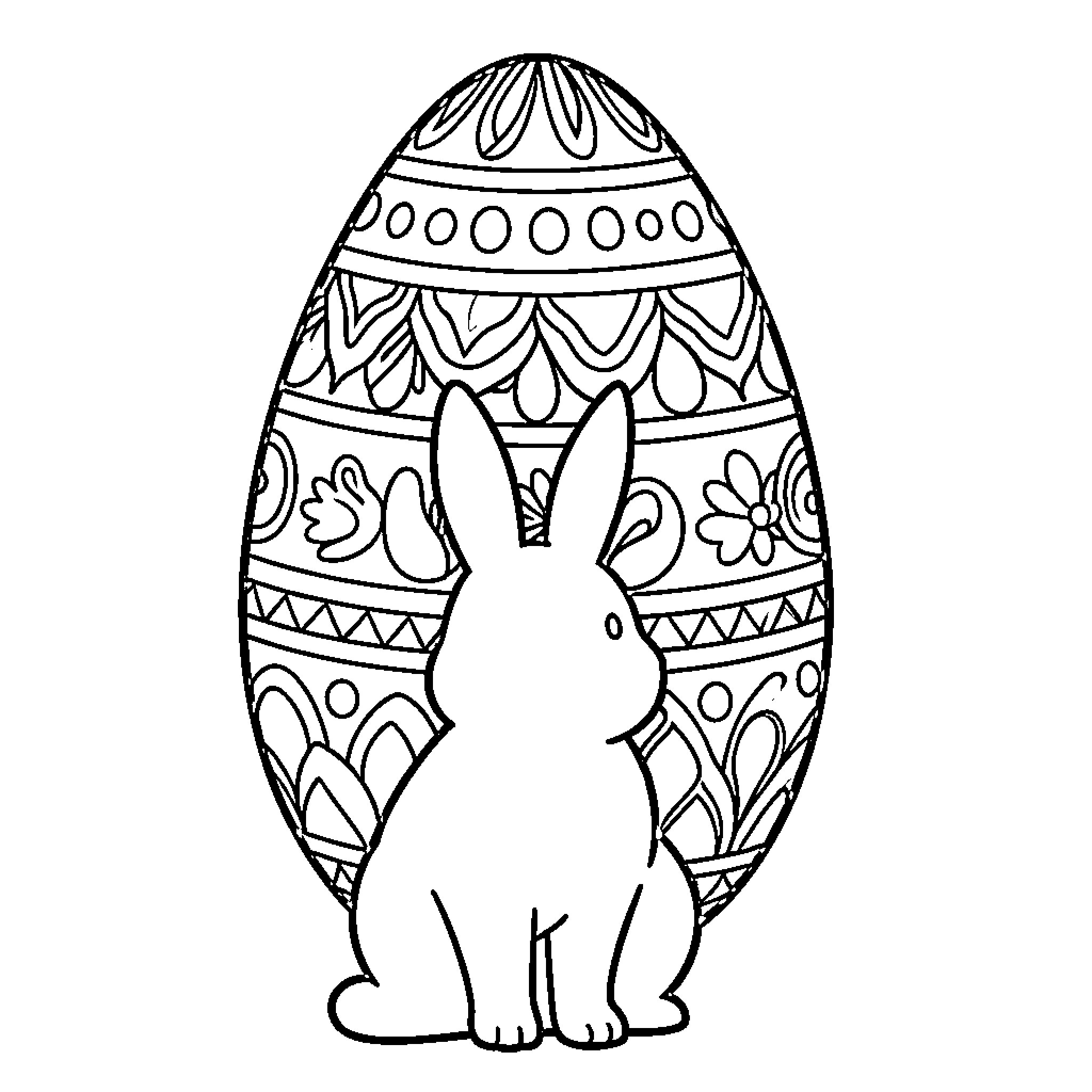 Bunny silhouette with ornate Easter egg Coloring Page (free black-and-white line drawing printable PDF for all, from beginners to advanced learners, including children, teens, adults, and seniors)