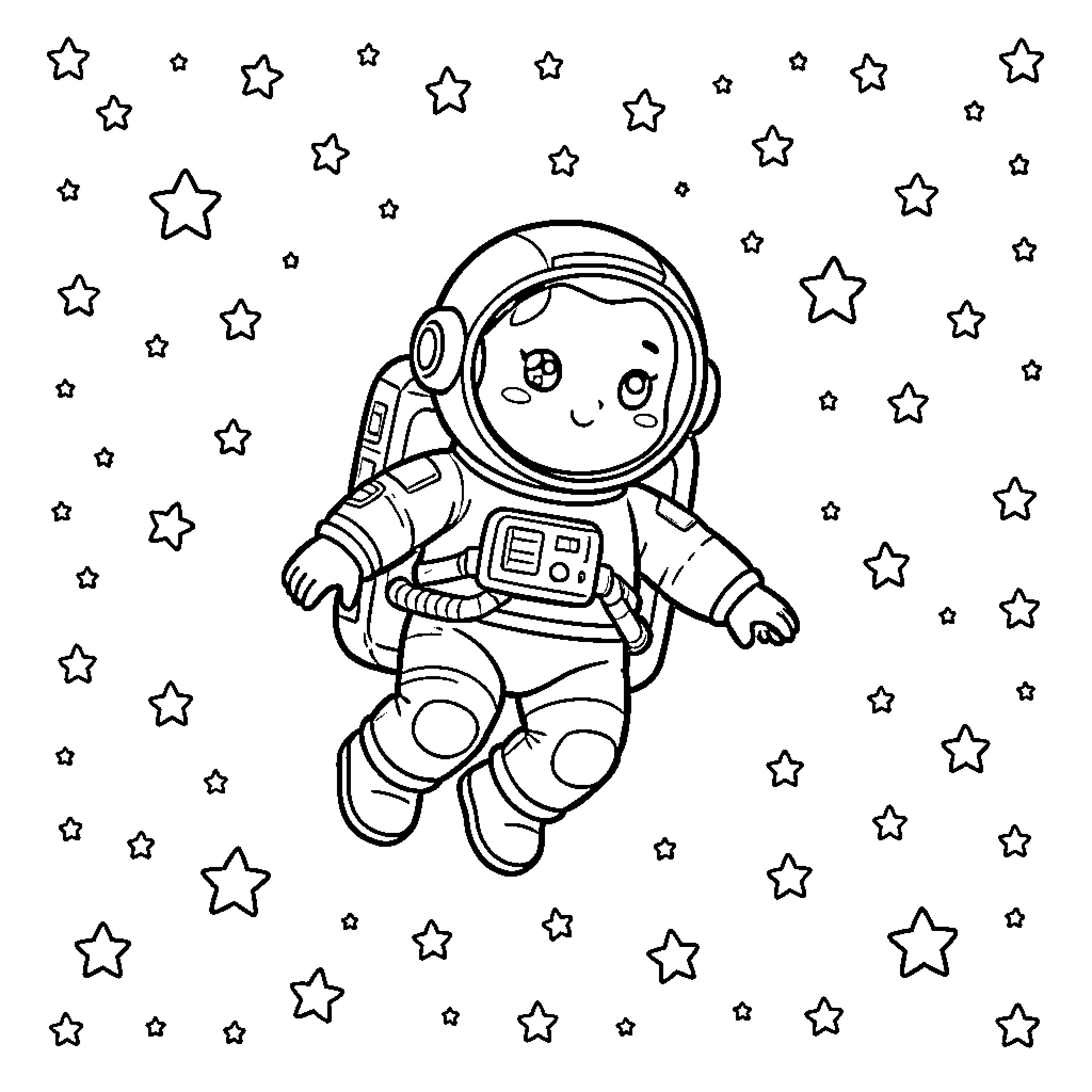Astronaut floating peacefully among many stars in space Coloring Page (free black-and-white line drawing printable PDF for all, from beginners to advanced learners, including children, teens, adults, and seniors)
