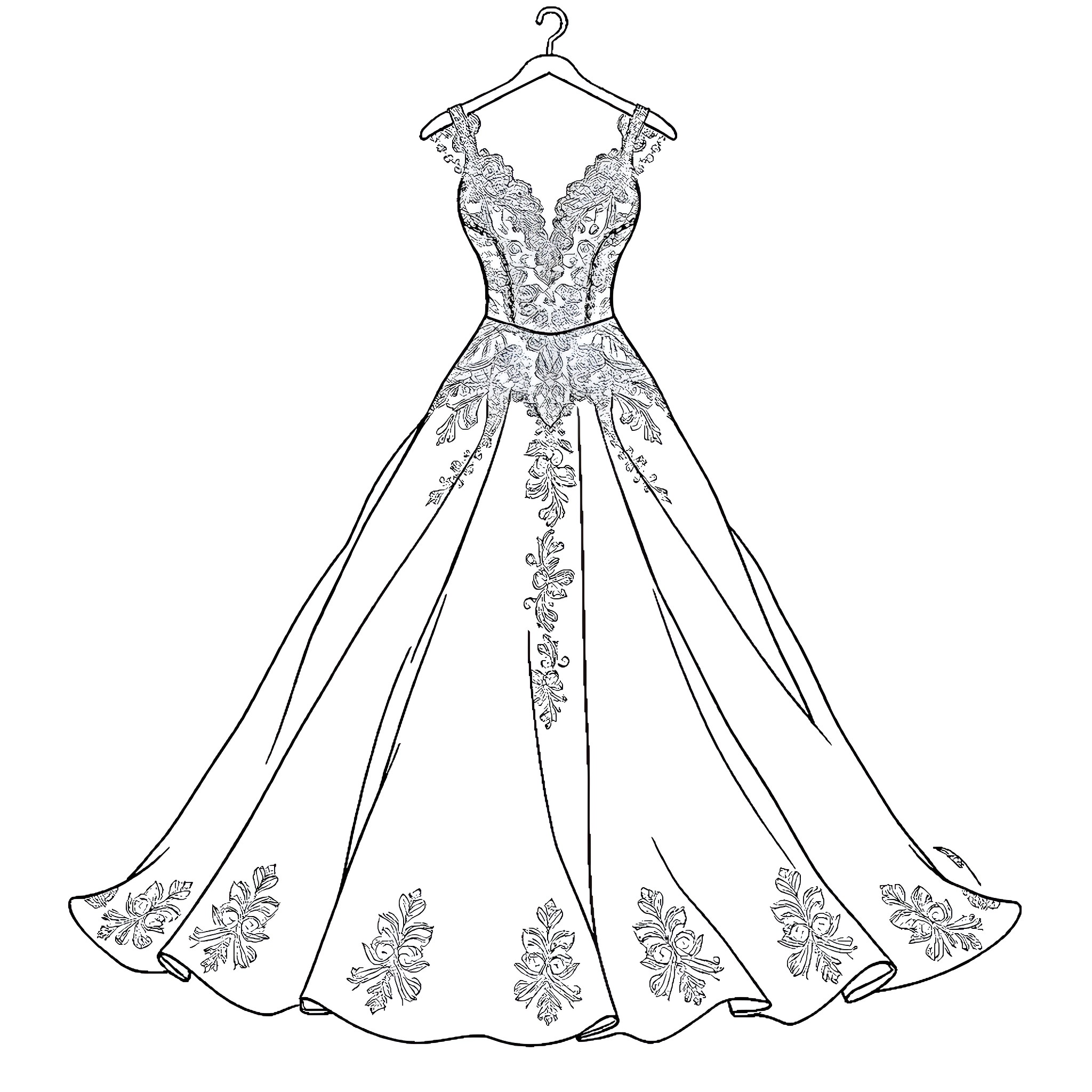 Wedding Dress with Elaborate Floral Patterns Coloring Page (free black-and-white line drawing printable PDF for all, from beginners to advanced learners, including children, teens, adults, and seniors)
